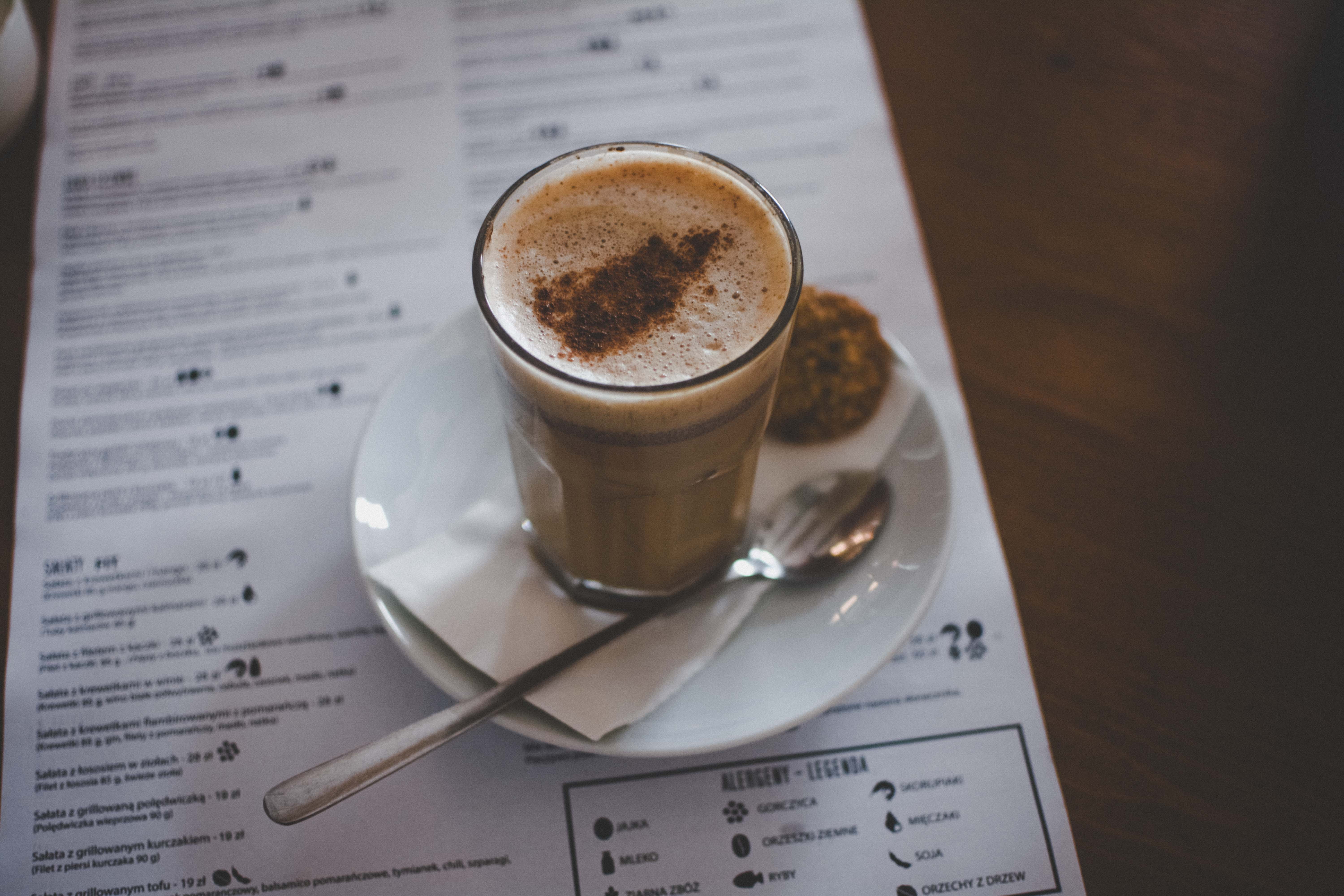 white, cafe, served, latte, text, drink, coffee - drink, mug, spoon, indoors, coffee cup, cookie, table, ceramic, kitchen utensil, no people, paper, still life, HD Wallpaper
