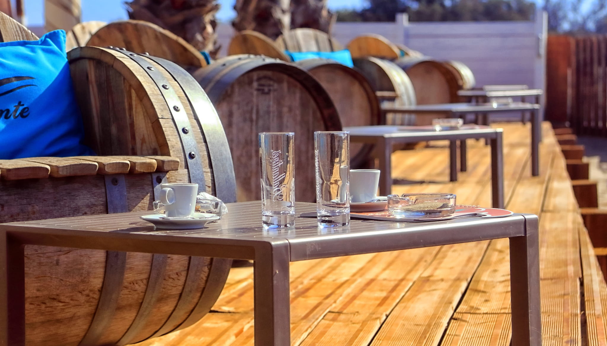 household equipment, two, in a row, glasses, drinking glass, outdoor, empty, chair, holiday, drink, travel, water, hobbies, summer, wood - material, sea, HD Wallpaper