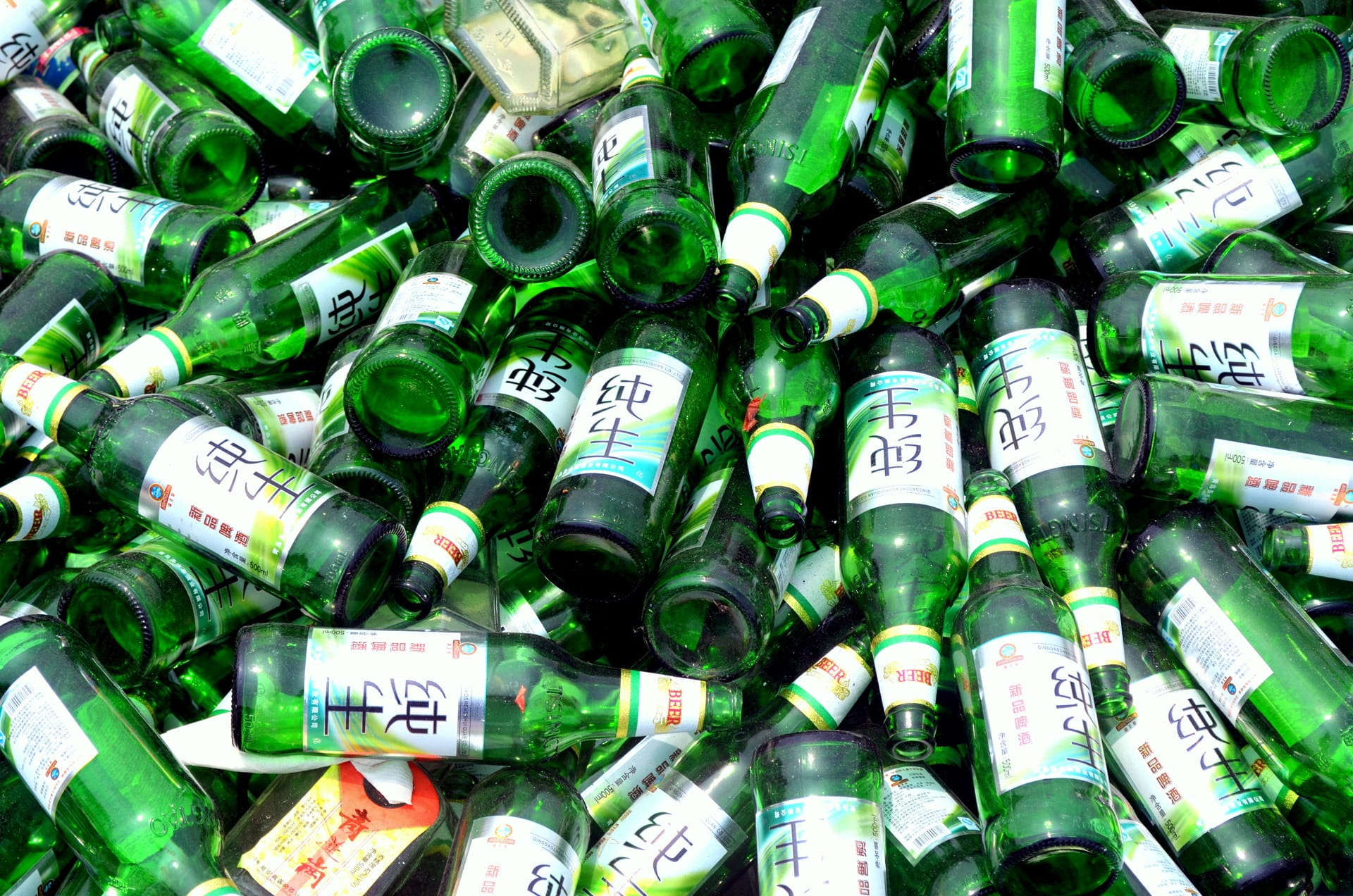pile, Green, alcohol, communication, still life, text, Bottles, recycle, full frame, 1080P, glass - material, container, high angle view, refreshment, HD Wallpaper