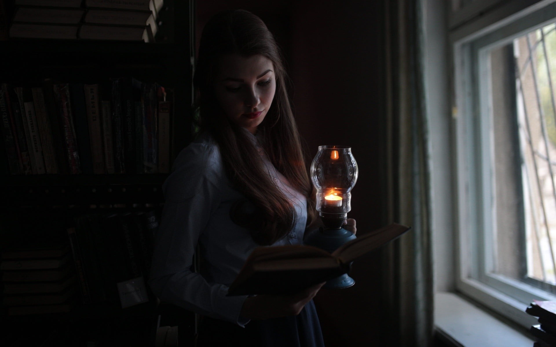electric lamp, contemplation, lighting equipment, young women, books, front view, book, looking, looking down, holding, concentration, indoors, reading, HD Wallpaper