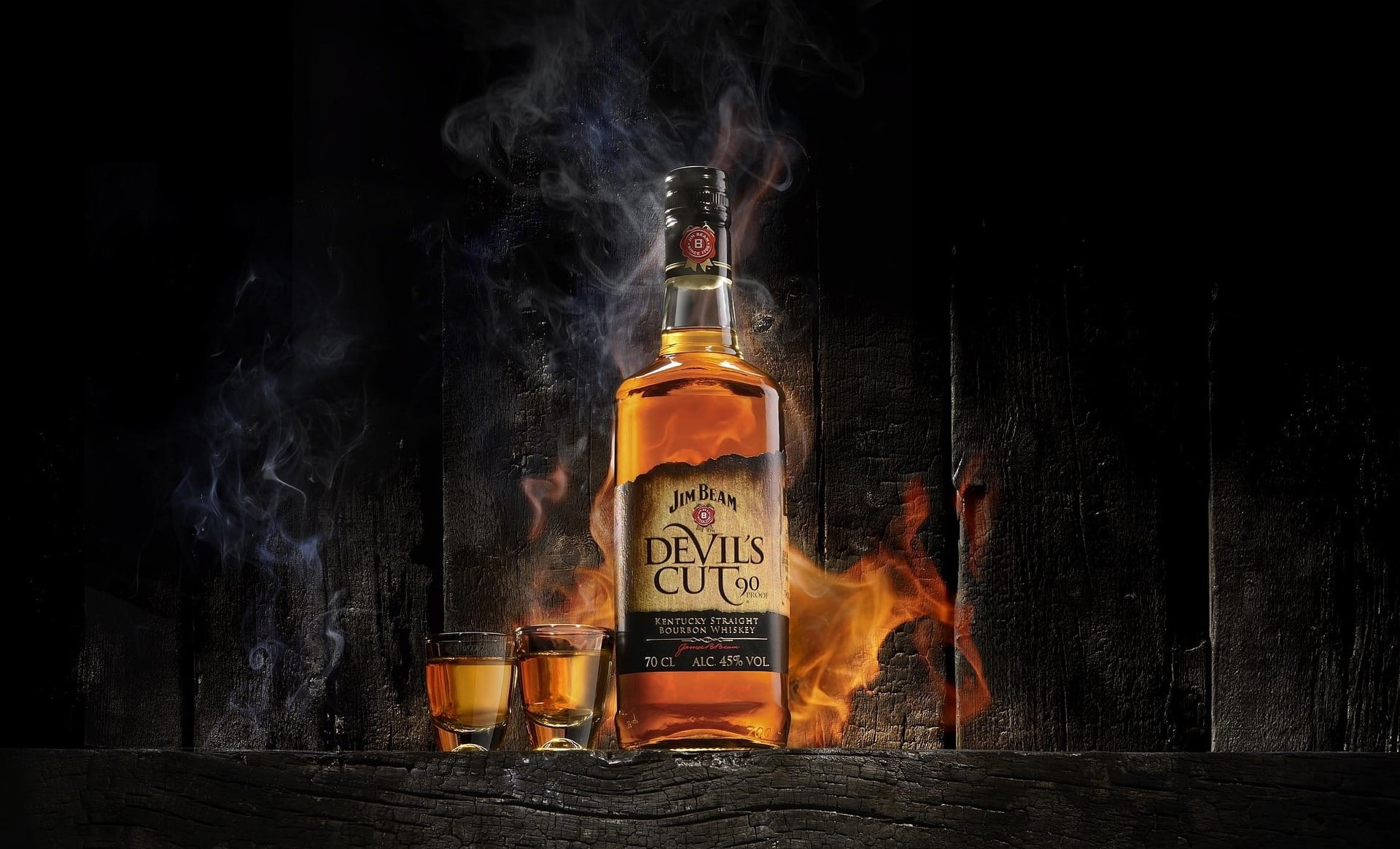 drink, no people, nature, smoke, black background, glass - material, refreshment, table, beer, bottles, beer bottle, Jim Beam, fire, whiskey, alcohol, wood - material, HD Wallpaper