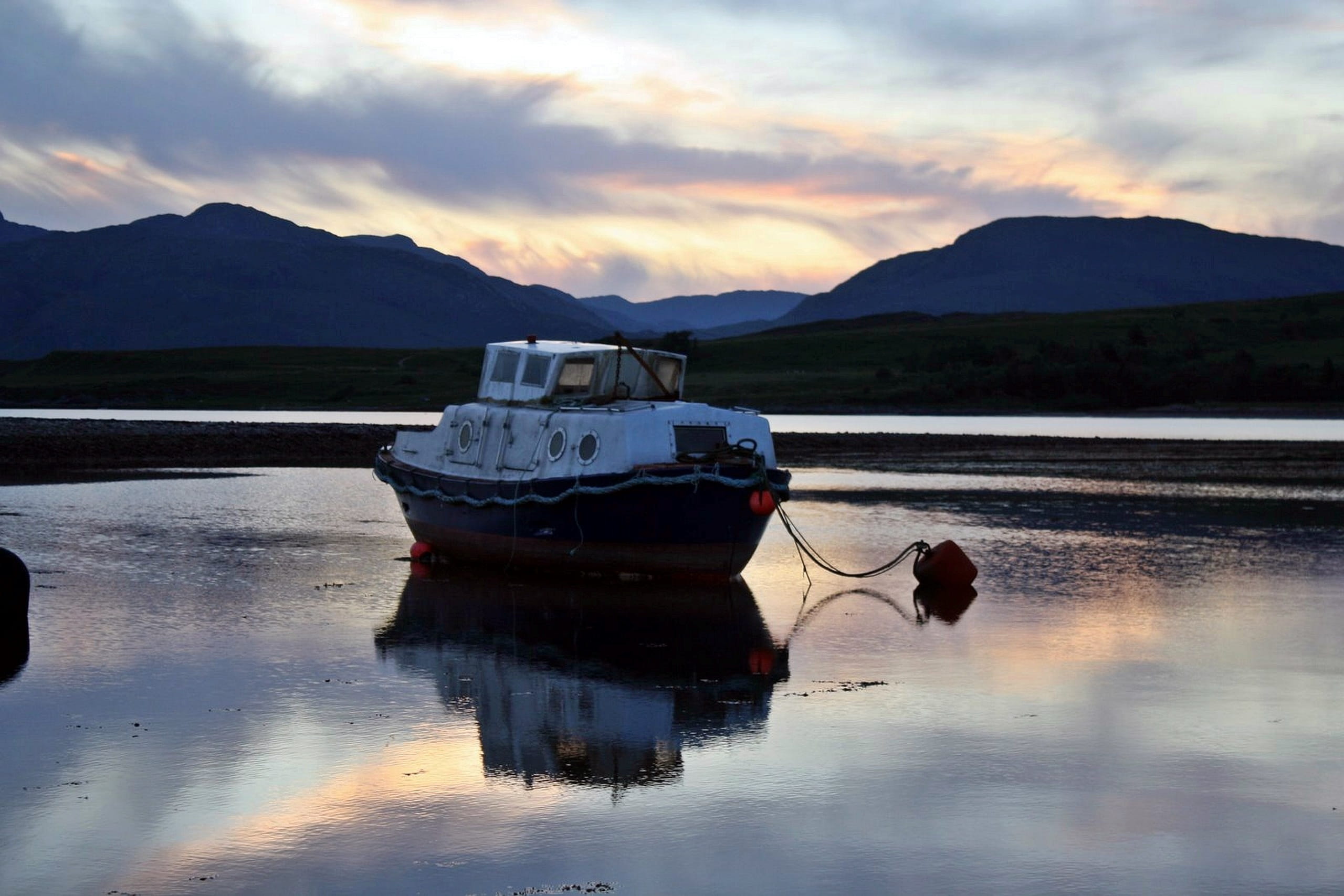 boat, cloud - sky, mode of transportation, fort william, island kingdom, reflection, duror, Sunset, britannia, travel, Mirroring, water, tranquil scene, HD Wallpaper