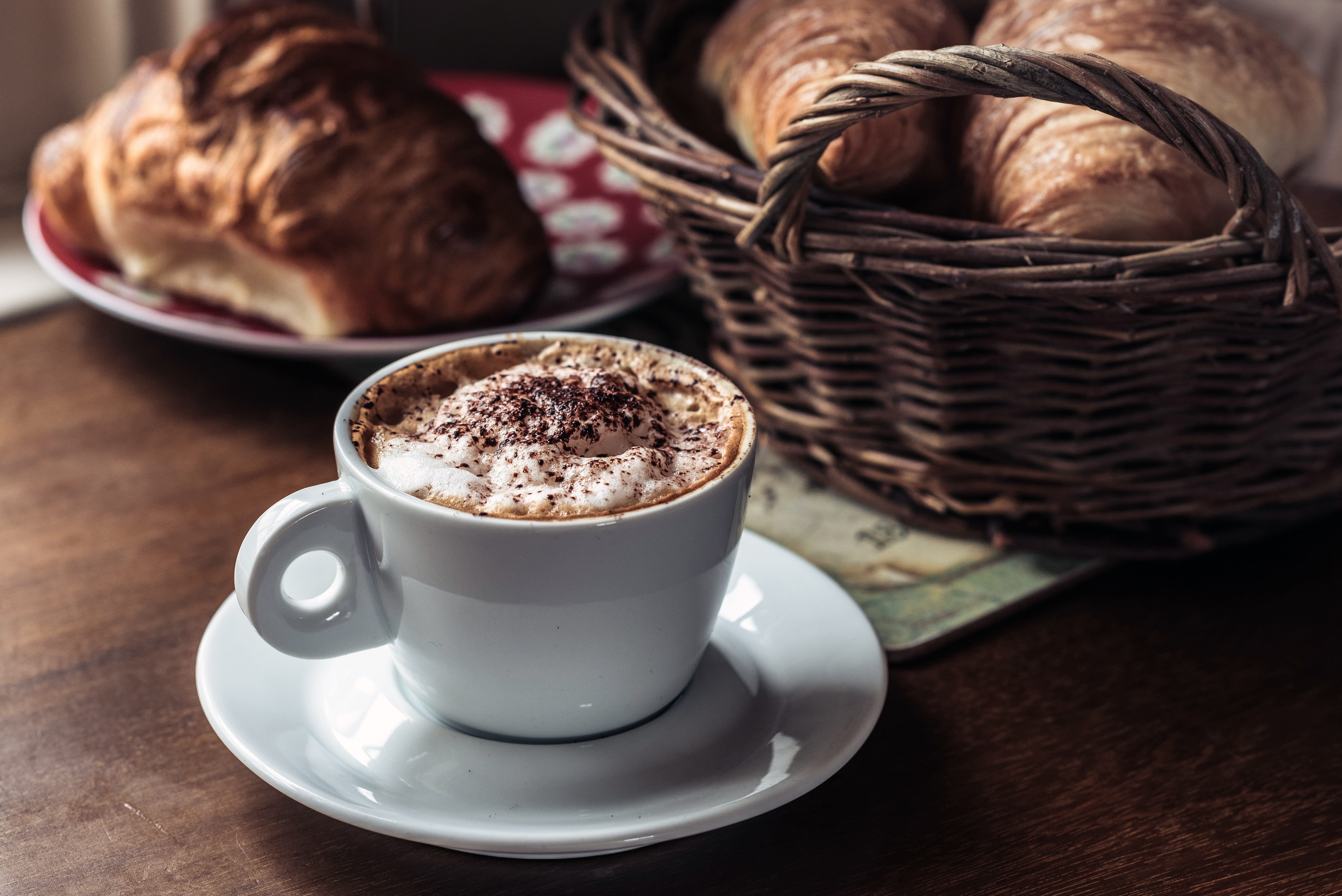 basket, spoon, cup, ceramic, no people, meal, plate, coffee, beside, capuccino, still life, mug, snack, pastry, liquid, red, 5K, bread, coffee cup, kitchen utensil, HD Wallpaper