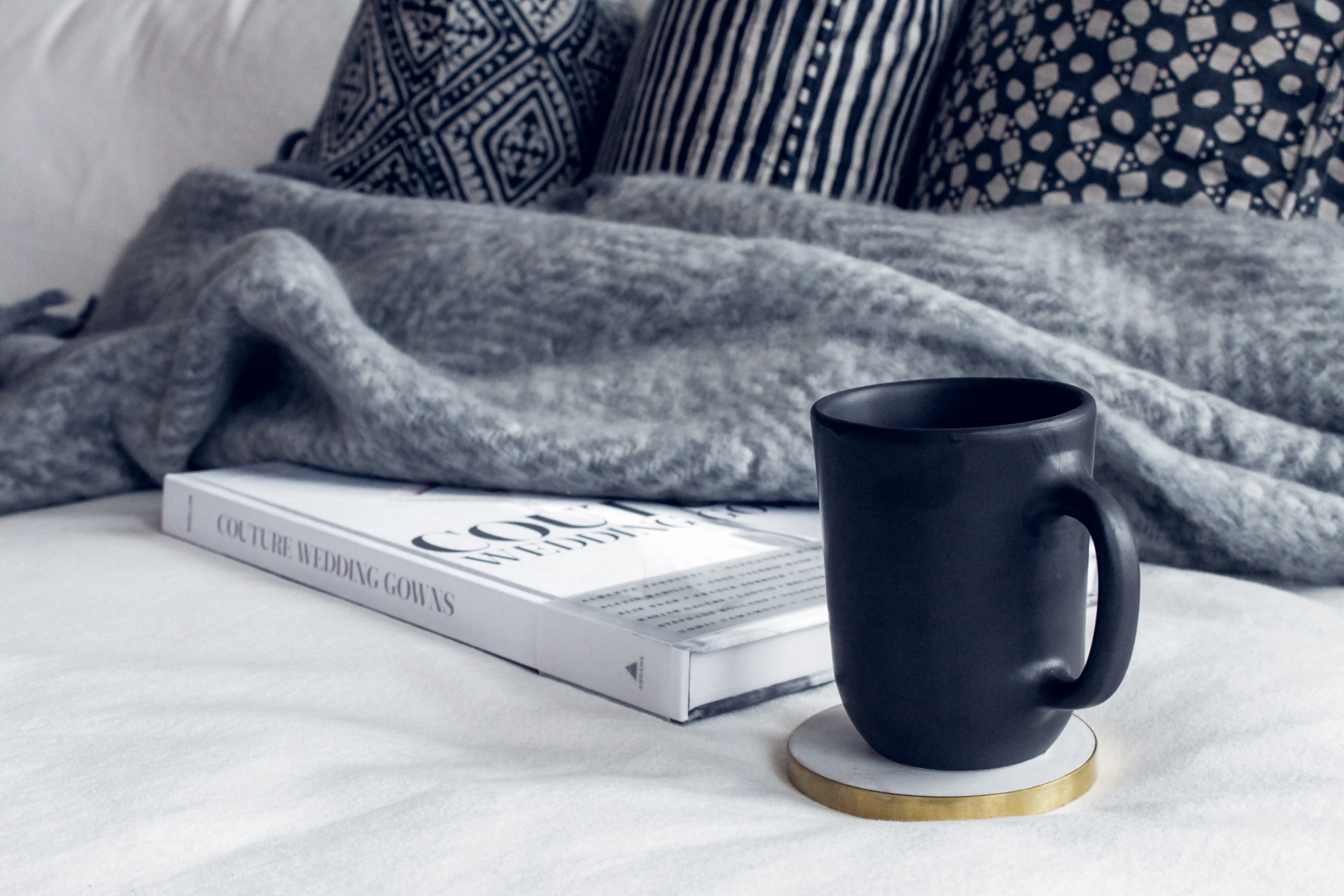 pillows, modern, textile, domestic room, communication, close-up, comfortable, soft, focus on foreground, cushion, blanket, black, relaxation, pillow, white, HD Wallpaper