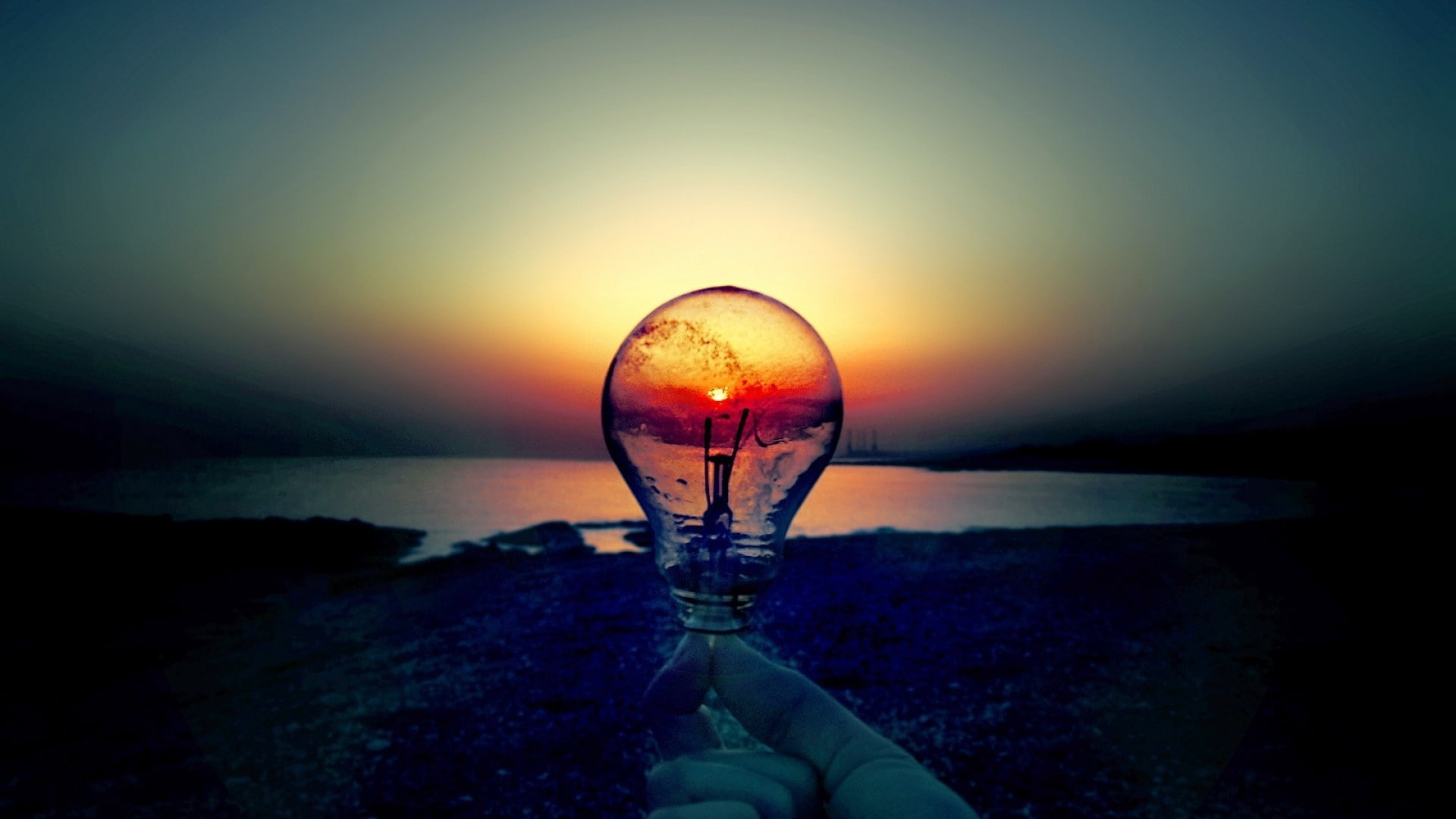 1080P, sea, sun rays, lamp, sunset, light bulb, Sun, HD Wallpaper