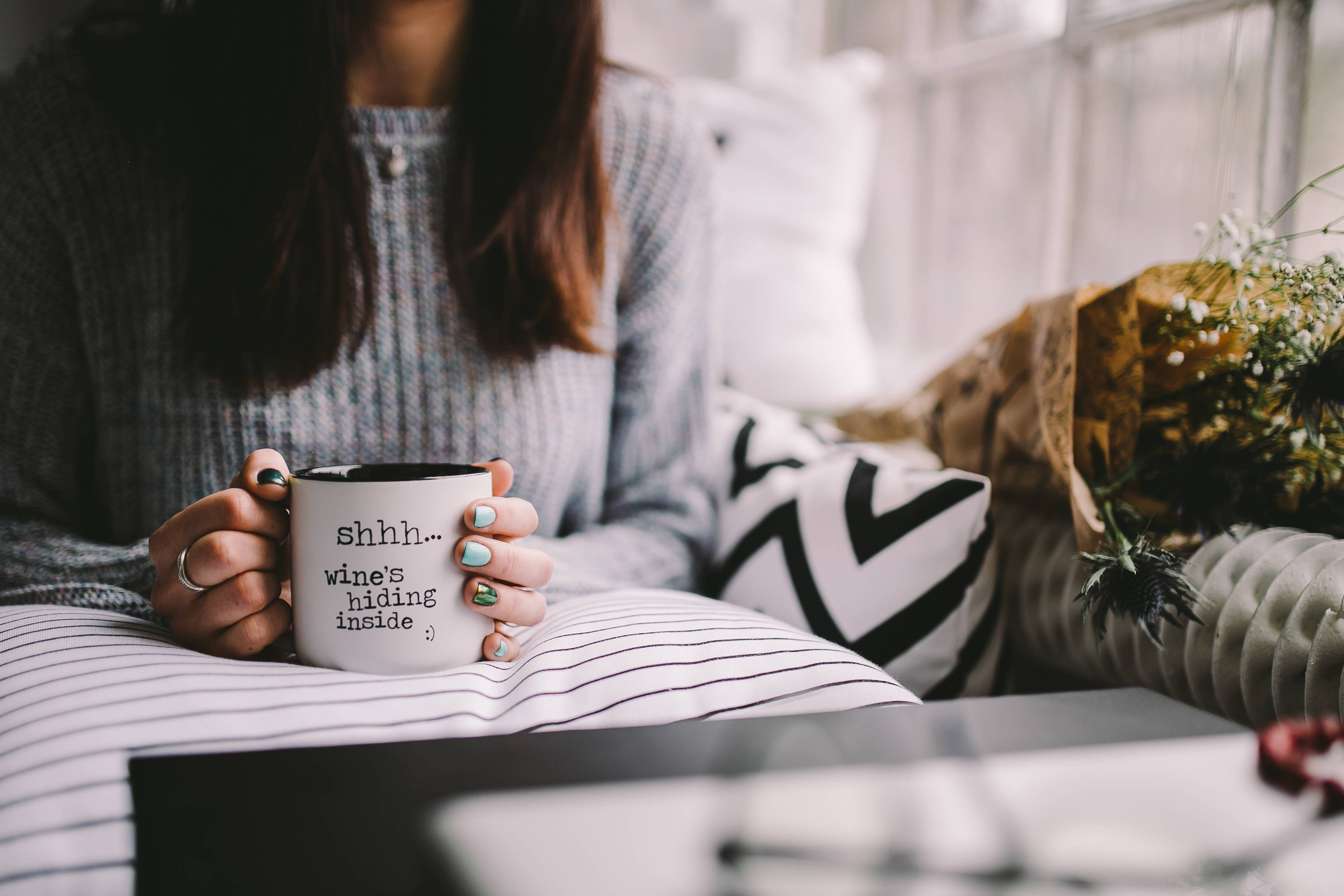 hot drink, coffee - Drink, bed, text, resting, time, real people, one Woman Only, people, one Person, lifestyles, front view, food and drink, sitting, cup, HD Wallpaper