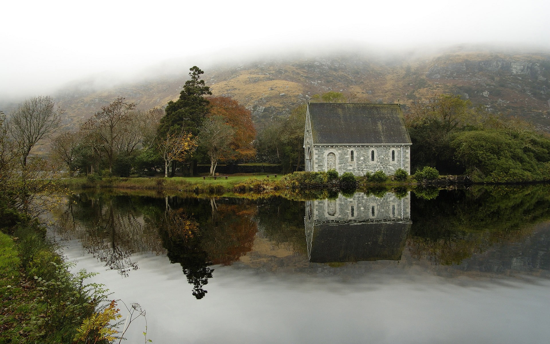 hills, church, forest, house, rock, chapel, moss, Ireland, river, nature, water, Gougane Barra, mist, reflection, 1080P, trees, plants, landscape, lake, HD Wallpaper