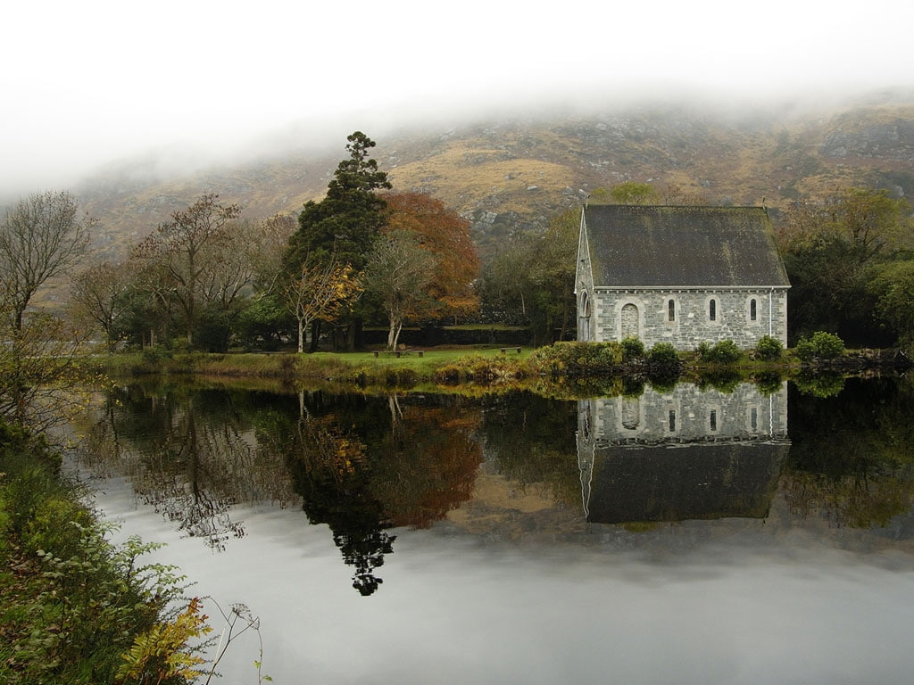 480P, lake, ireland, forest, gougane, lakes, art, tranquil, hd, old church building, nature, barra, HD Wallpaper