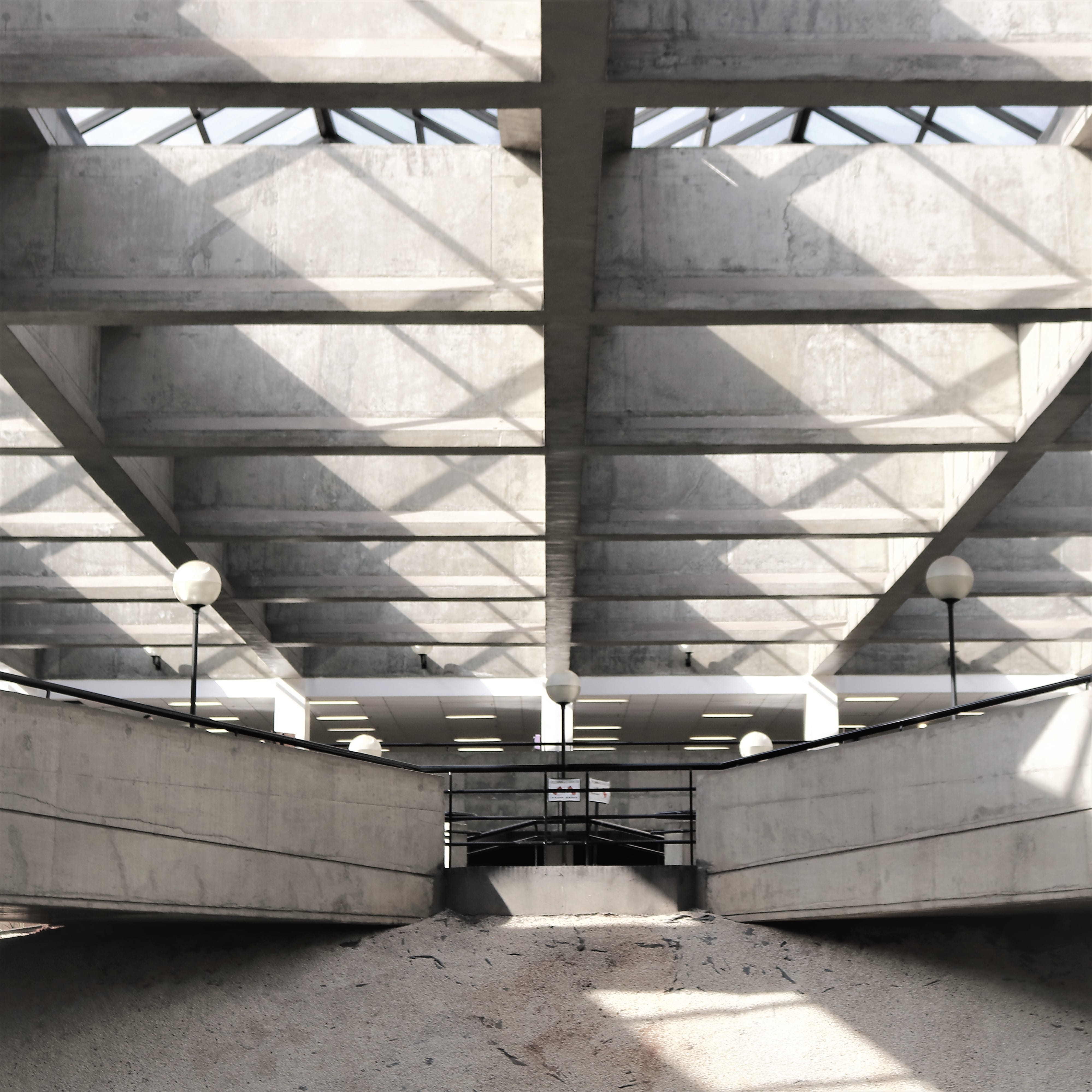 connection, railing, pattern, architecture, no people, ceiling, staircase, bridge, grey, brazil, indoors, day, metal, roof, transportation, parking garage, Phone HD Wallpaper