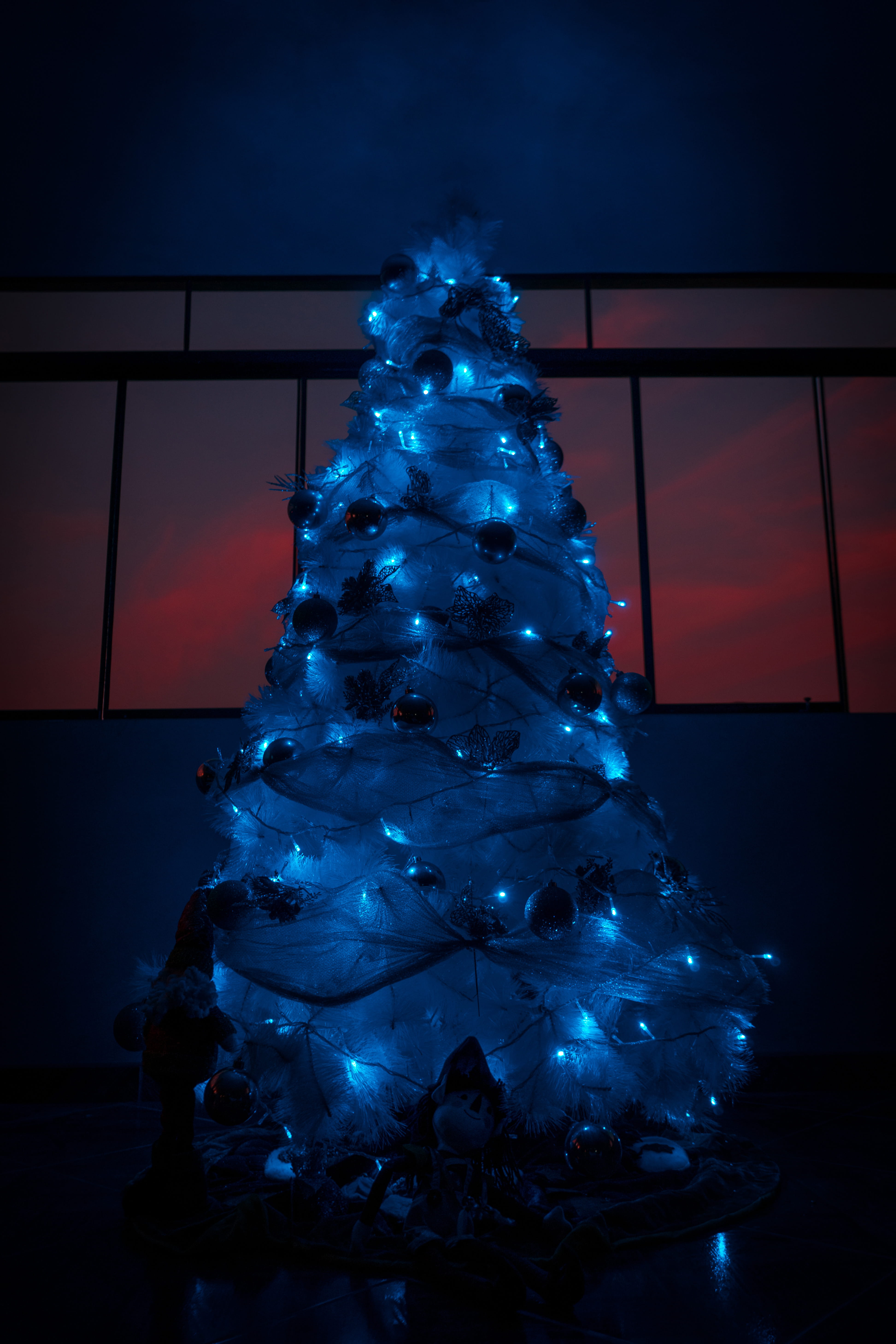 dim, illuminated, walkway, celebration, tree, blue, christmas lights, lima, vegetation, ornament, flare, night life, lighting, christmas ornament, tree topper, Phone HD Wallpaper