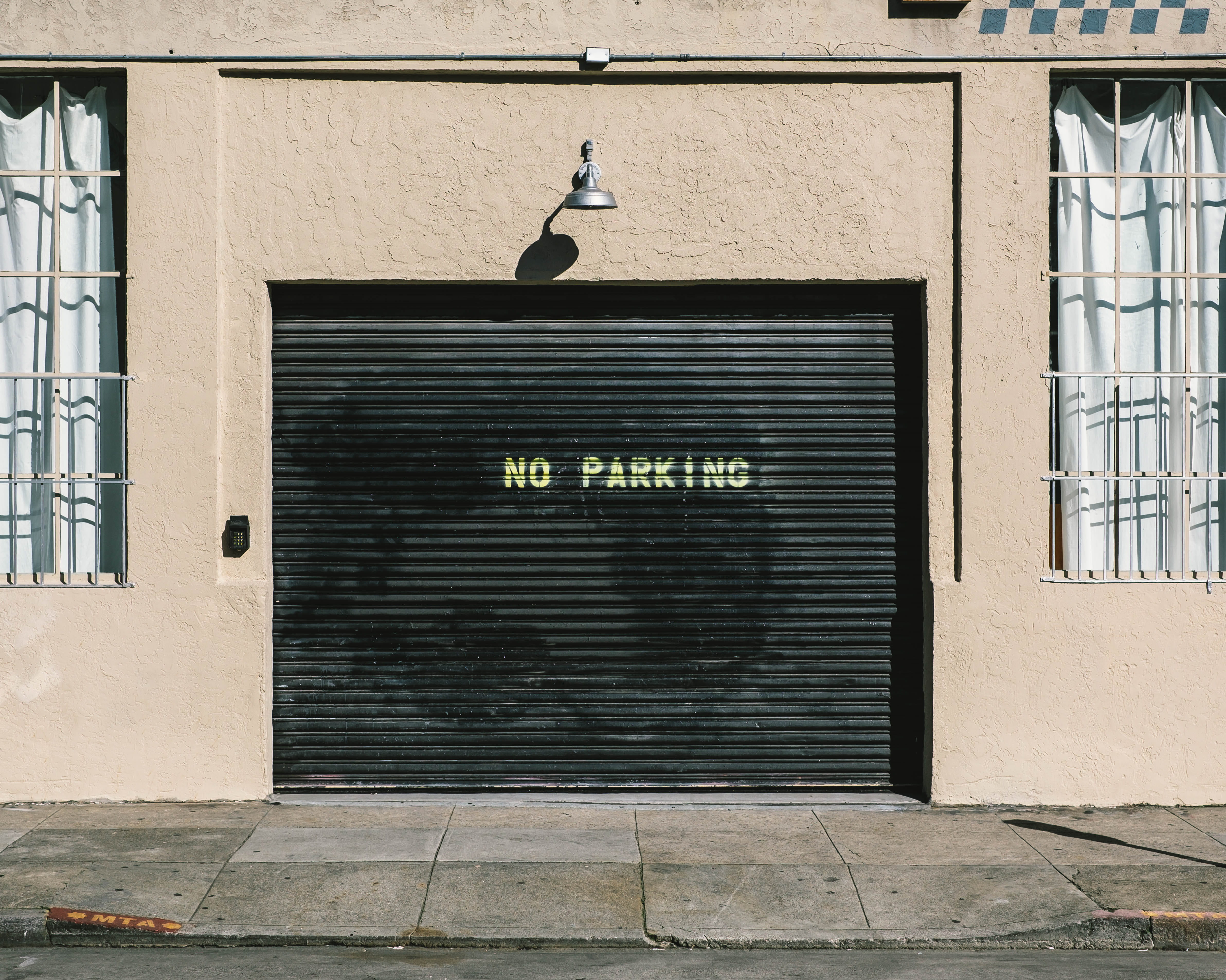 safety, black, parking, building, information, no people, wall - building feature, shutter, close, sign, sunlight, text, 4K, day, steel, built structure, HD Wallpaper