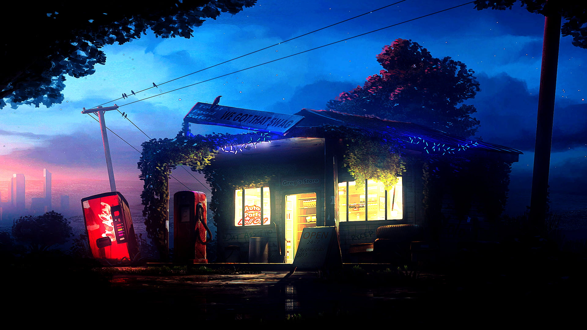 outdoors, tree, artwork, 1080P, house, concrete, red, dark, no people, building, street, residential district, city, night, built structure, stores, black, HD Wallpaper