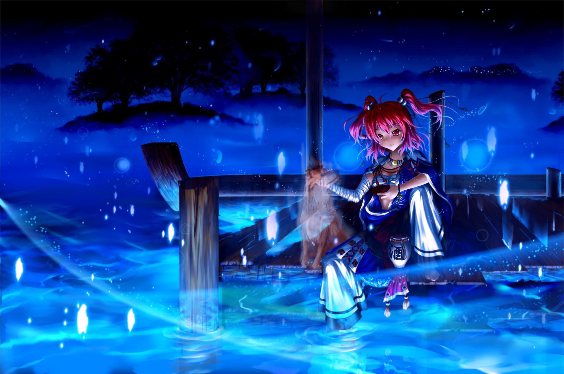 red, 1080P, tenten, night, touhou, hair, water, onozuka, eyes, komachi, reliance0410, HD Wallpaper