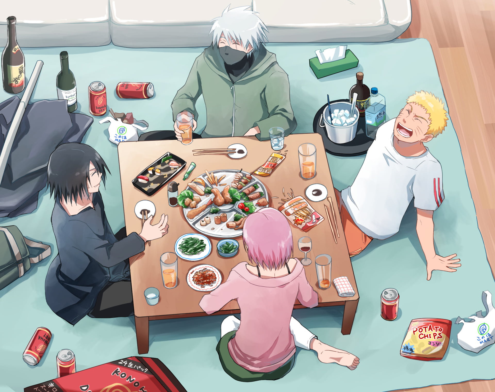women, high angle view, Naruto, clothing, table, food and drink, healthcare and medicine, occupation, 1080P, Anime, adult, indoors, Naruto Uzumaki, drink, HD Wallpaper