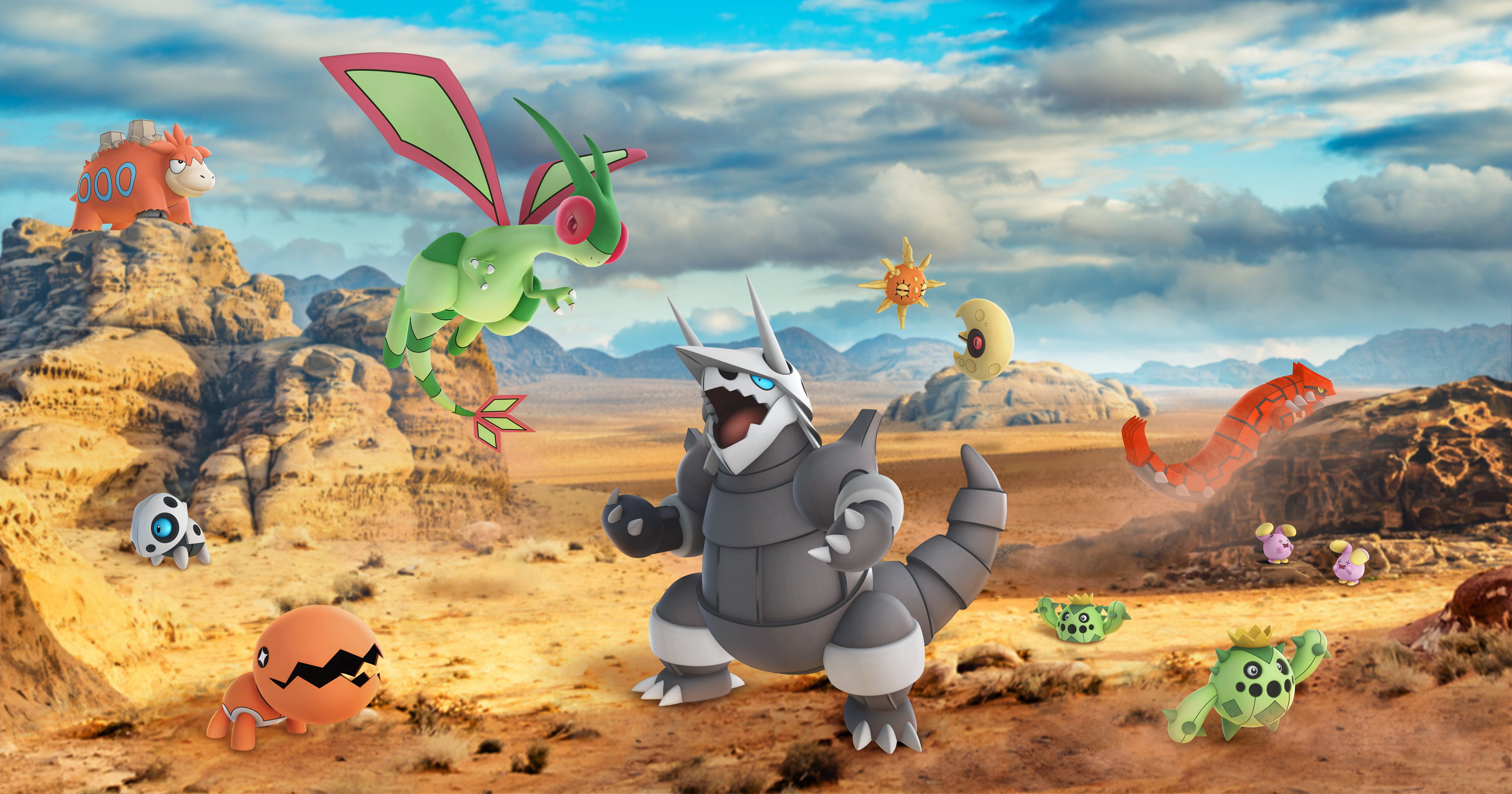Lunatone (Pokémon), Flygon (Pokémon), Whismur (Pokemon), Pokemon Go, Pokémon GO, Pokémon, Cacnea (Pokemon), 4K, Camerupt (Pokémon), Solrock (Pokémon), HD Wallpaper