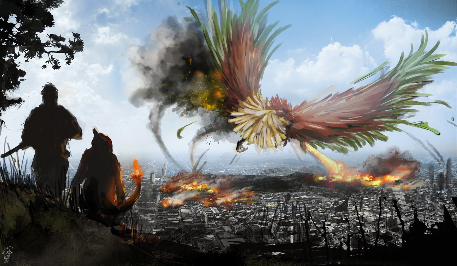 burning, leisure activity, Ho-oh (Pokémon), day, outdoors, digital composite, 1080P, real people, tree, rear view, celebration, men, sky, nature, plant, HD Wallpaper