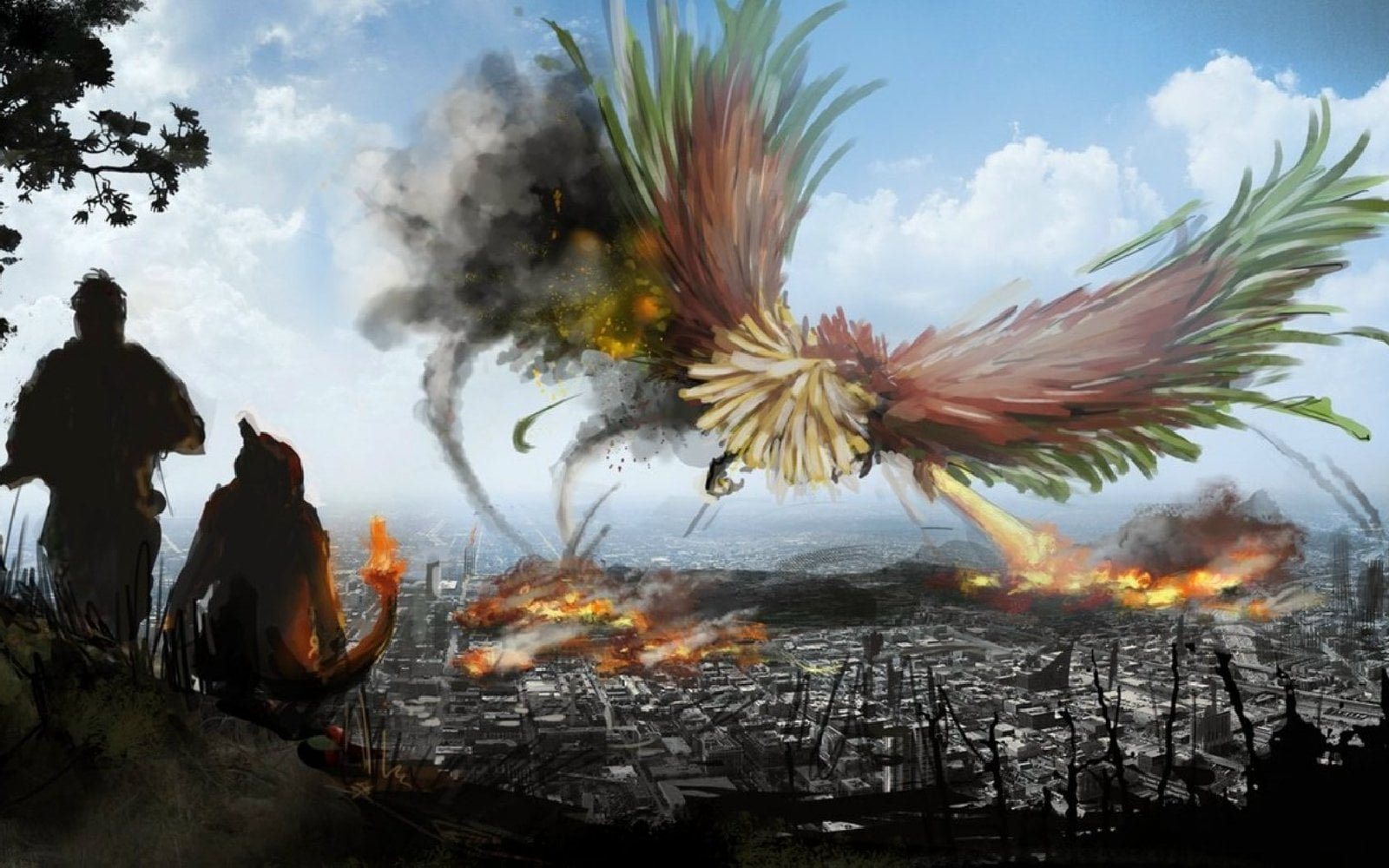 day, tree, nature, fire, outdoors, digital composite, lifestyles, burning, leisure activity, Charmeleon (Pokémon), water, rear view, cloud - sky, plant, HD Wallpaper