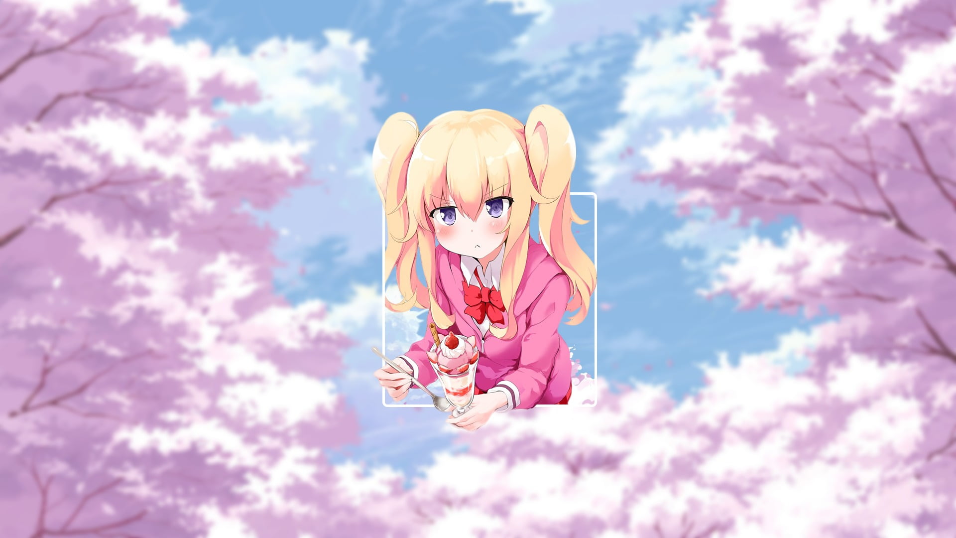 Gabriel Dropout, 1080P, sky, low angle view, freshness, anime, blurred, art and craft, tree, fragility, representation, close-up, vulnerability, pink color, HD Wallpaper