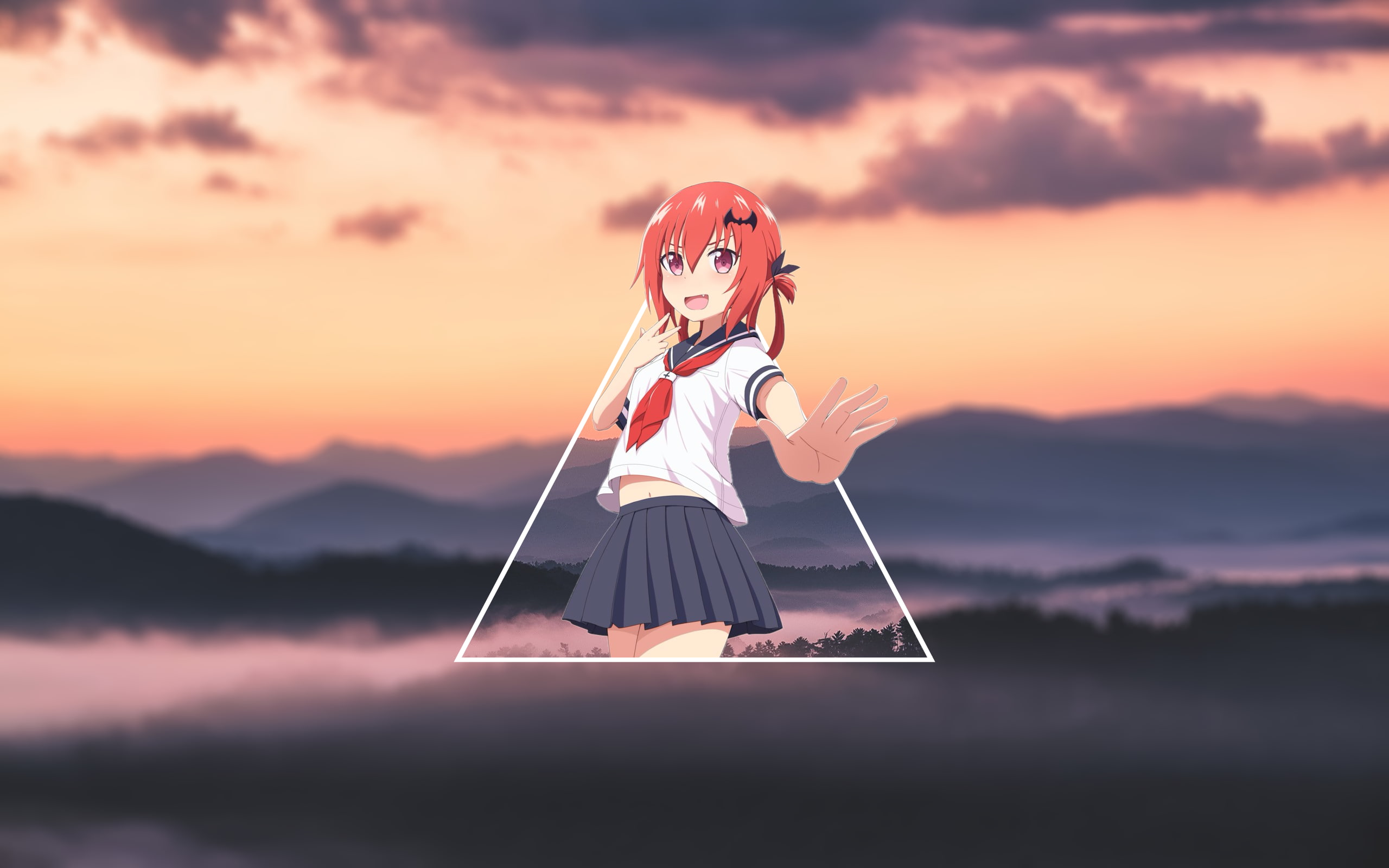 anime girls, anime, landscape, Satanichia McDowell Kurumizawa, picture-in-picture, mountains, Gabriel Dropout, school uniform, 2K, HD Wallpaper