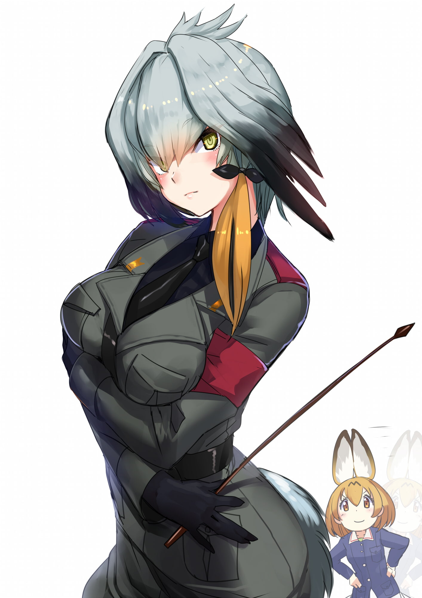 animal ears, white background, women, Kemono Friends, crossover, Shoebill (Kemono Friends), one person, 1080P, Girls und Panzer, art and craft, male likeness, Phone HD Wallpaper