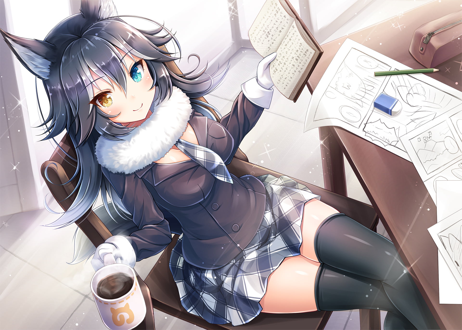indoors, close-up, Kemono Friends, sunlight, mammal, human representation, male likeness, female likeness, still life, day, mask, Heterochromia, table, HD Wallpaper