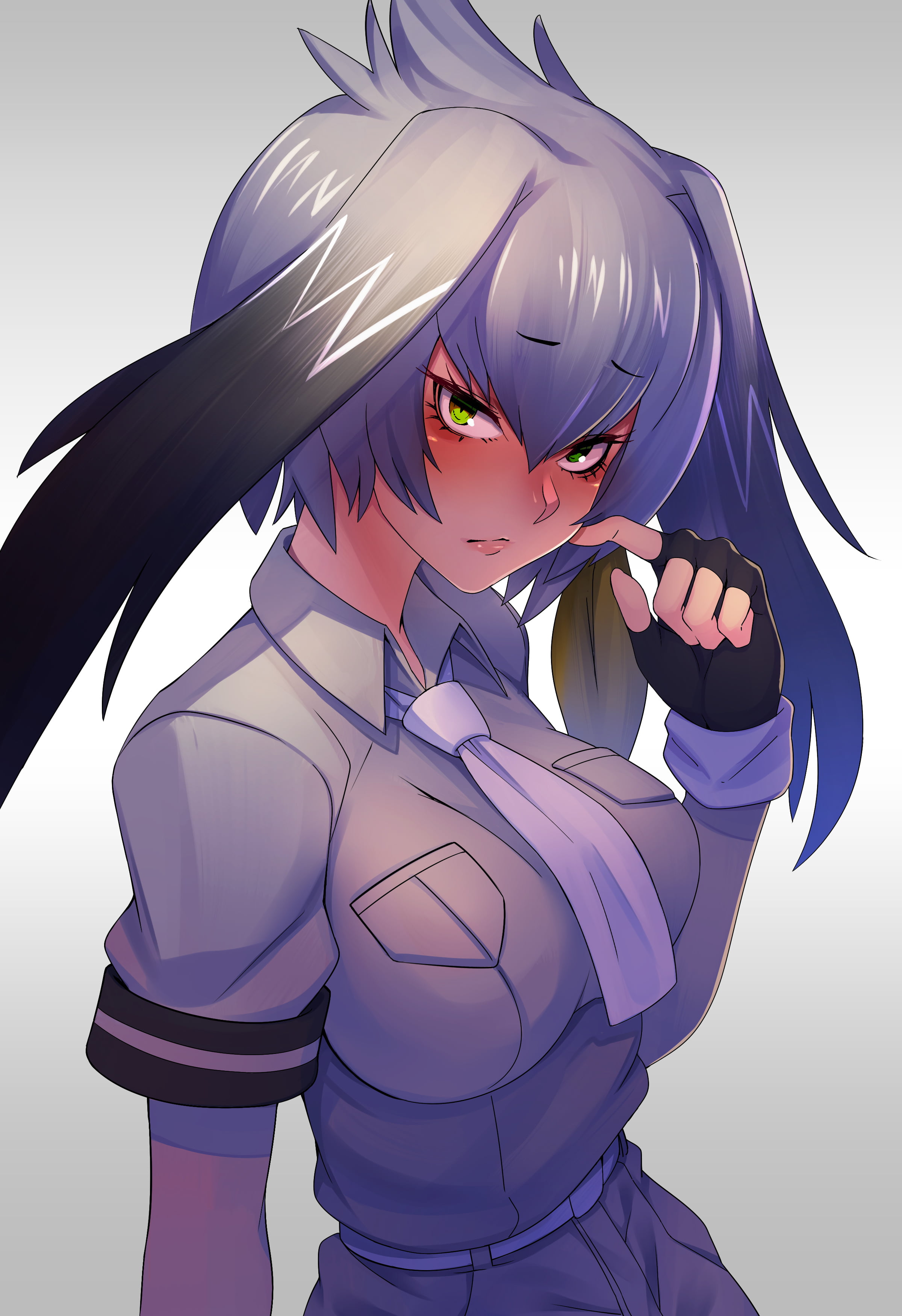 Shoebill, white background, motion, emotion, suit, one person, portrait, Kemono Friends, young adult, blushing, women, Shoebill (Kemono Friends), studio shot, Phone HD Wallpaper