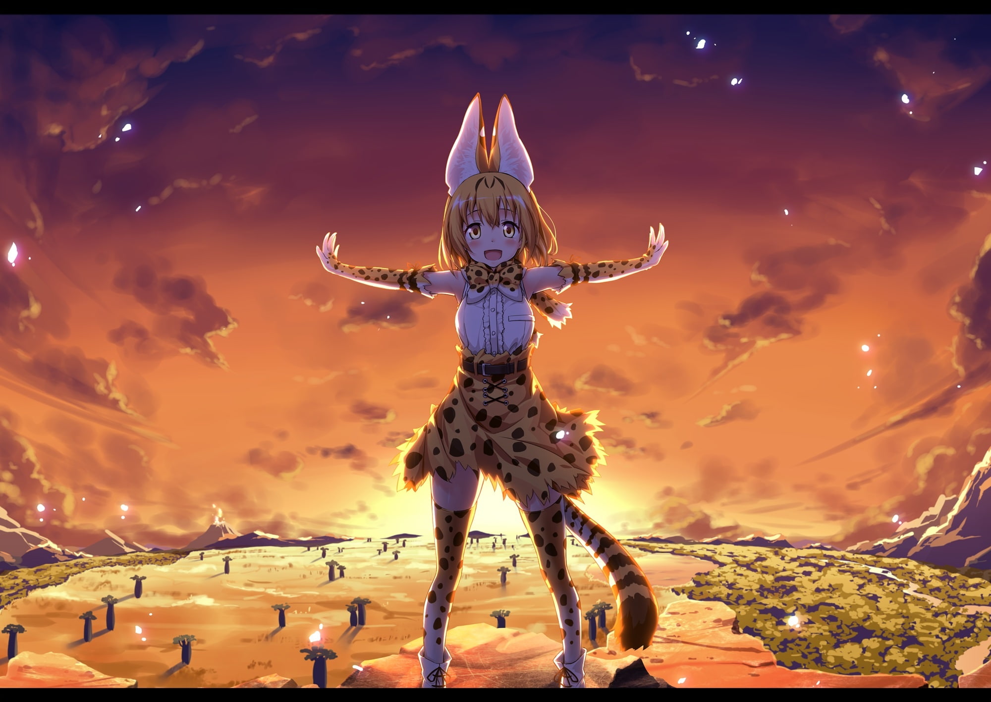 friends, serval, kemono, animal, tree, 1080P, 239040, thighhighs, eyes, konachan, short, ears, elbow, clouds, gloves, bow, yellow, sky, blonde, catgirl, HD Wallpaper
