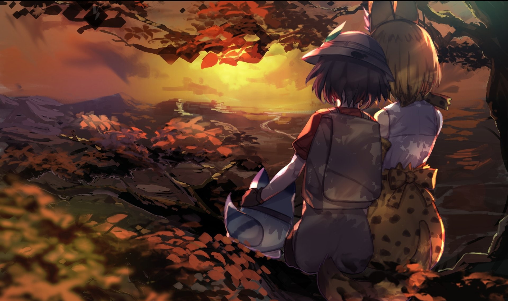 Serval (Kemono Friends), Leaf, Hat, Anime, bow (Clothing), Lucky Beast (Kemono Friends), 1080P, Tail, Sunset, Kaban (Kemono Friends), Kemono Friends, Animal, HD Wallpaper