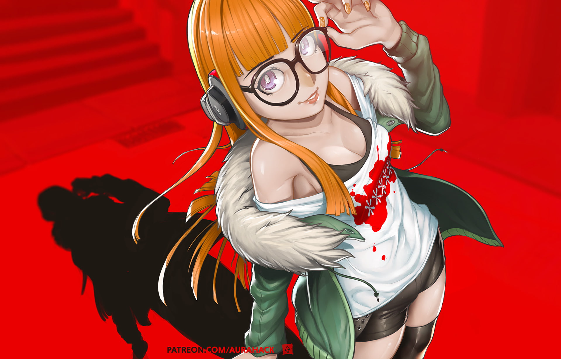 security, human representation, 1080P, Futaba Sakura, clothing, art and craft, colored background, adult, Persona 5, helmet, red, waist up, headwear, indoors, HD Wallpaper
