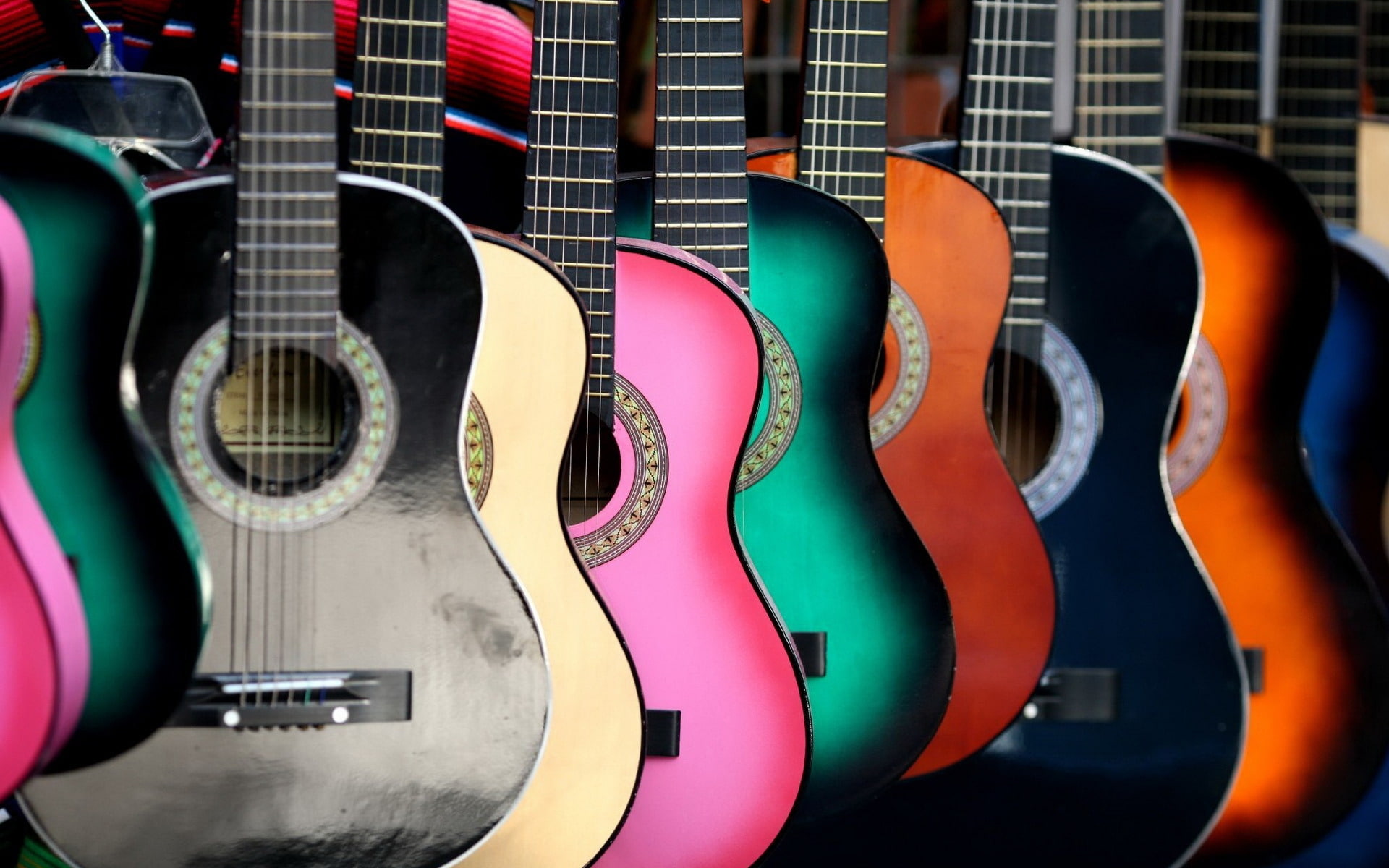 music, guitars, classic, 1080P, colored, acoustic, store, assorted, colors, HD Wallpaper