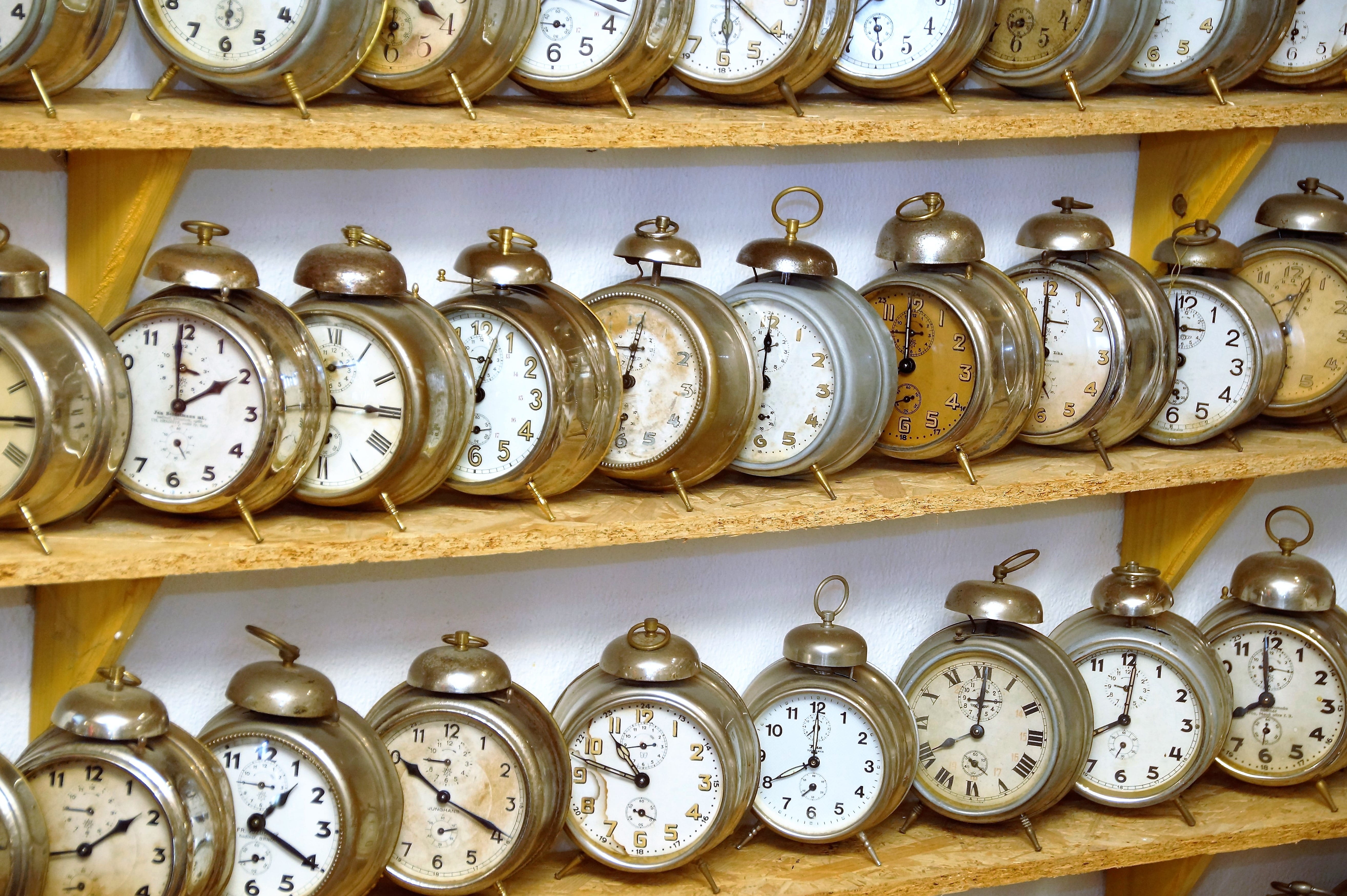 5K, antique, ancient, ornate, clock face, gray, no people, an antique, large group of objects, lot, choice, a collection of, retro styled, alarm, wooden, HD Wallpaper