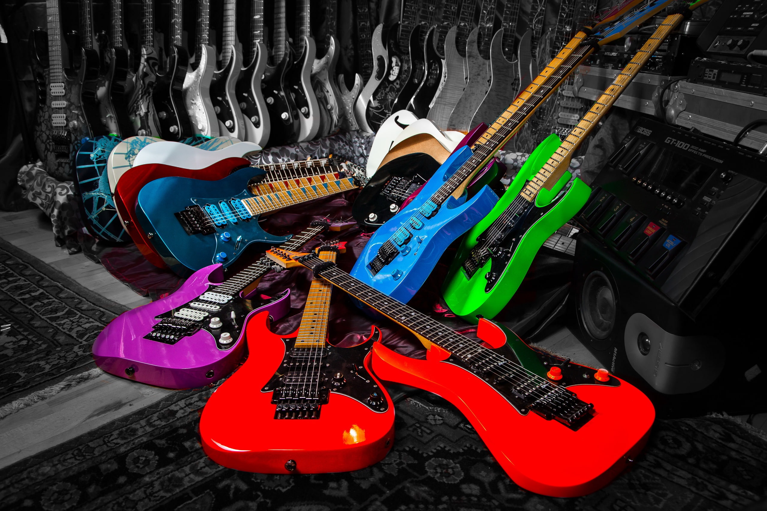 day, indoors, still life, black color, man made, choice, string, music, no people, Guitars, store, close-up, musical instrument, Colorful, man made object, HD Wallpaper