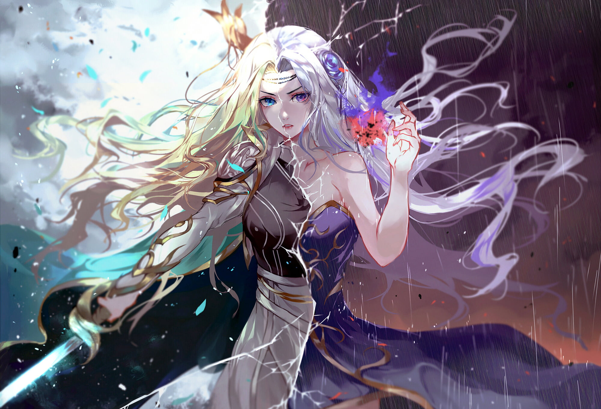 magic, magician, red eyes, 1080P, sword, anime, anime girls, white hair, blue eyes, HD Wallpaper