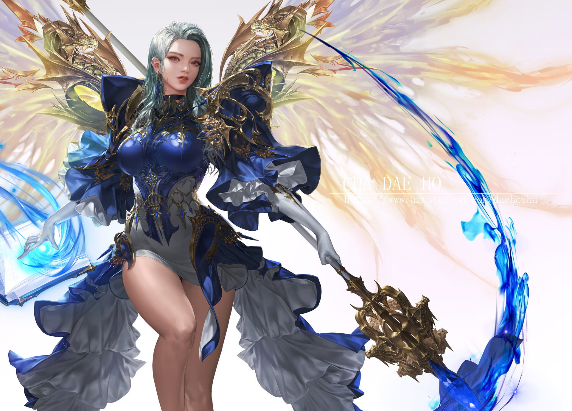 Daeho Cha, water, looking at viewer, women, magician, armor, 1080P, staff, drawing, red eyes, wings, spell, HD Wallpaper