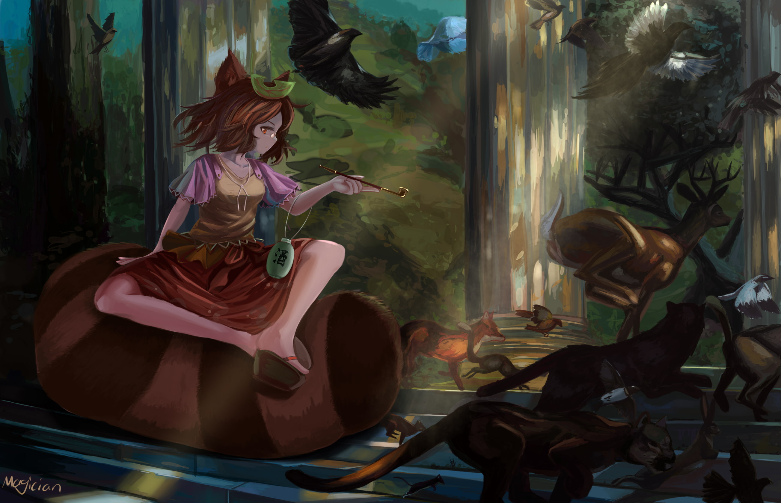 hair, mamizou, bunny, bird, red, animal, ears, 2K, fox, brown, artist, eyes, touhou, short, futatsuiwa, tail, magician, HD Wallpaper