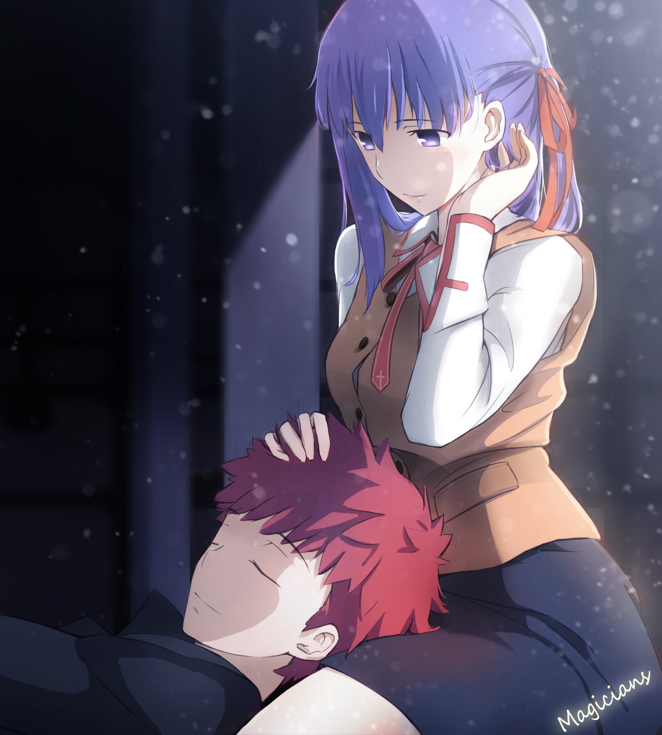 Shirou Emiya, moonlight, fate/stay night: heavens feel, anime girls, school uniform, messy hair, sitting, violet hair, redhead, 2D, men outdoors, violet eyes, Phone HD Wallpaper