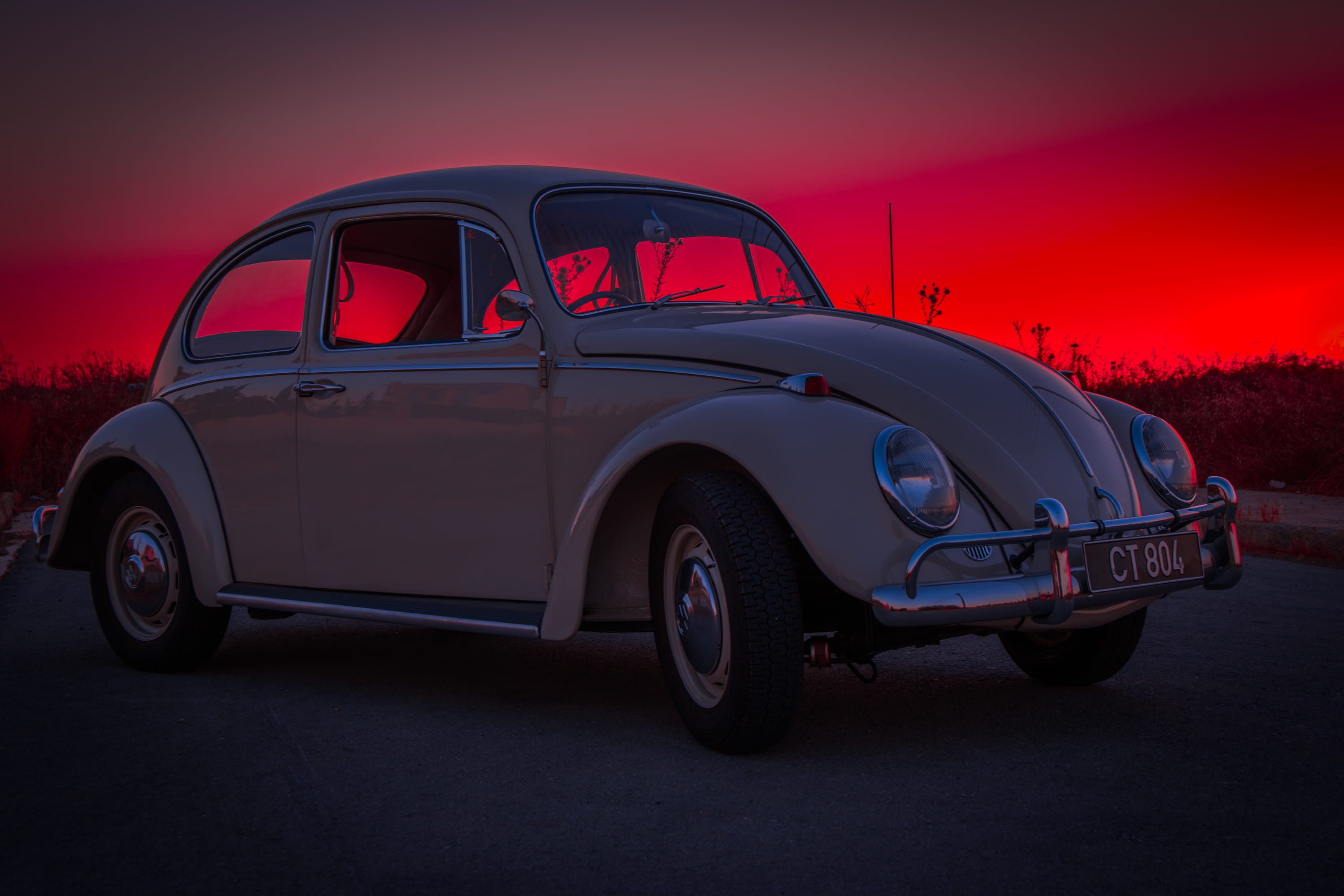 sunglasses, volkswagen, car, motion, latsia, transportation, city, illuminated, 2K, red, classic car, sky, road, vehicle, nostalgia, motor vehicle, no people, HD Wallpaper