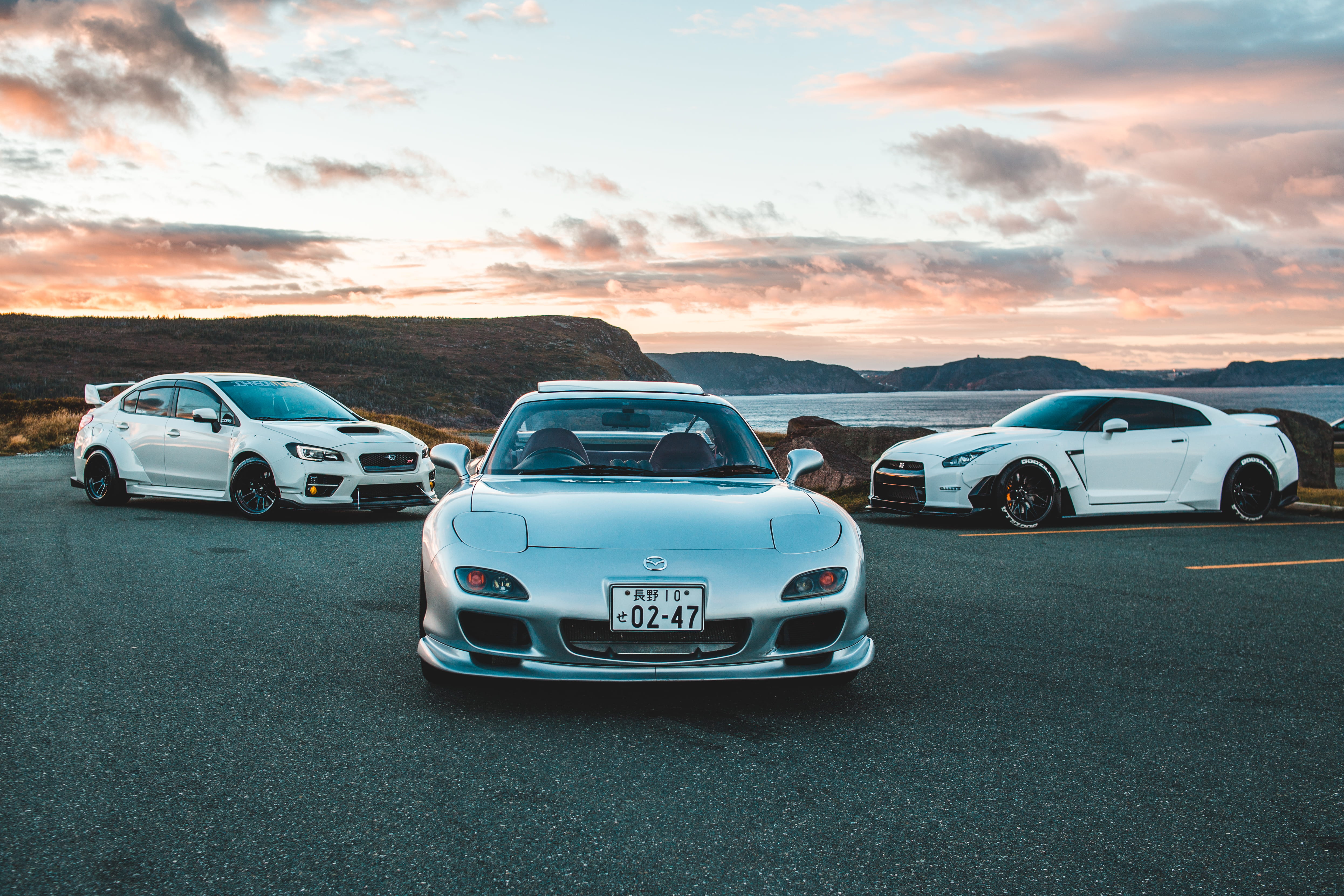 sports car, 4K, white, parking, sedan, land vehicle, transportation, western script, body, sky, street, convertible, sunset, car, city, motor vehicle, HD Wallpaper