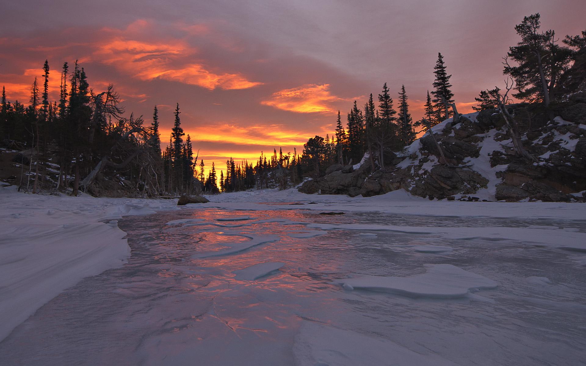 river, 1080P, superb, sunset, nature and landscapes, winter, clouds, tees, HD Wallpaper
