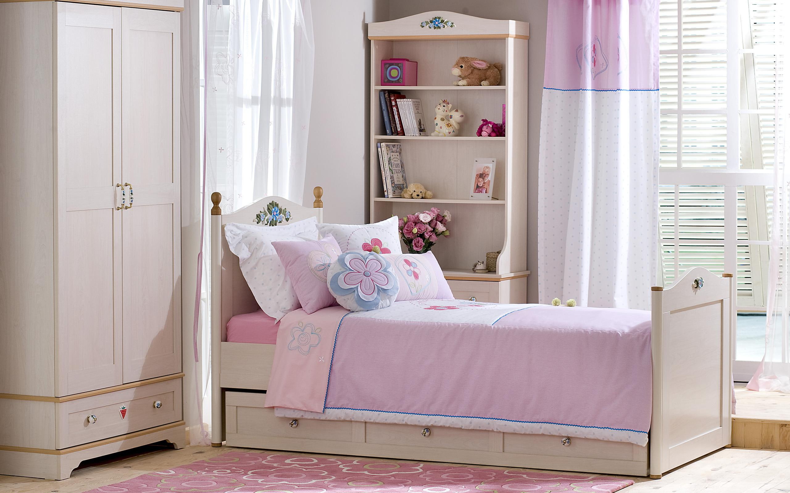 wooden, 2560x1600, interior design, photography, closet, 2K, shelf, bed, cover, pink, bedroom, white, HD Wallpaper