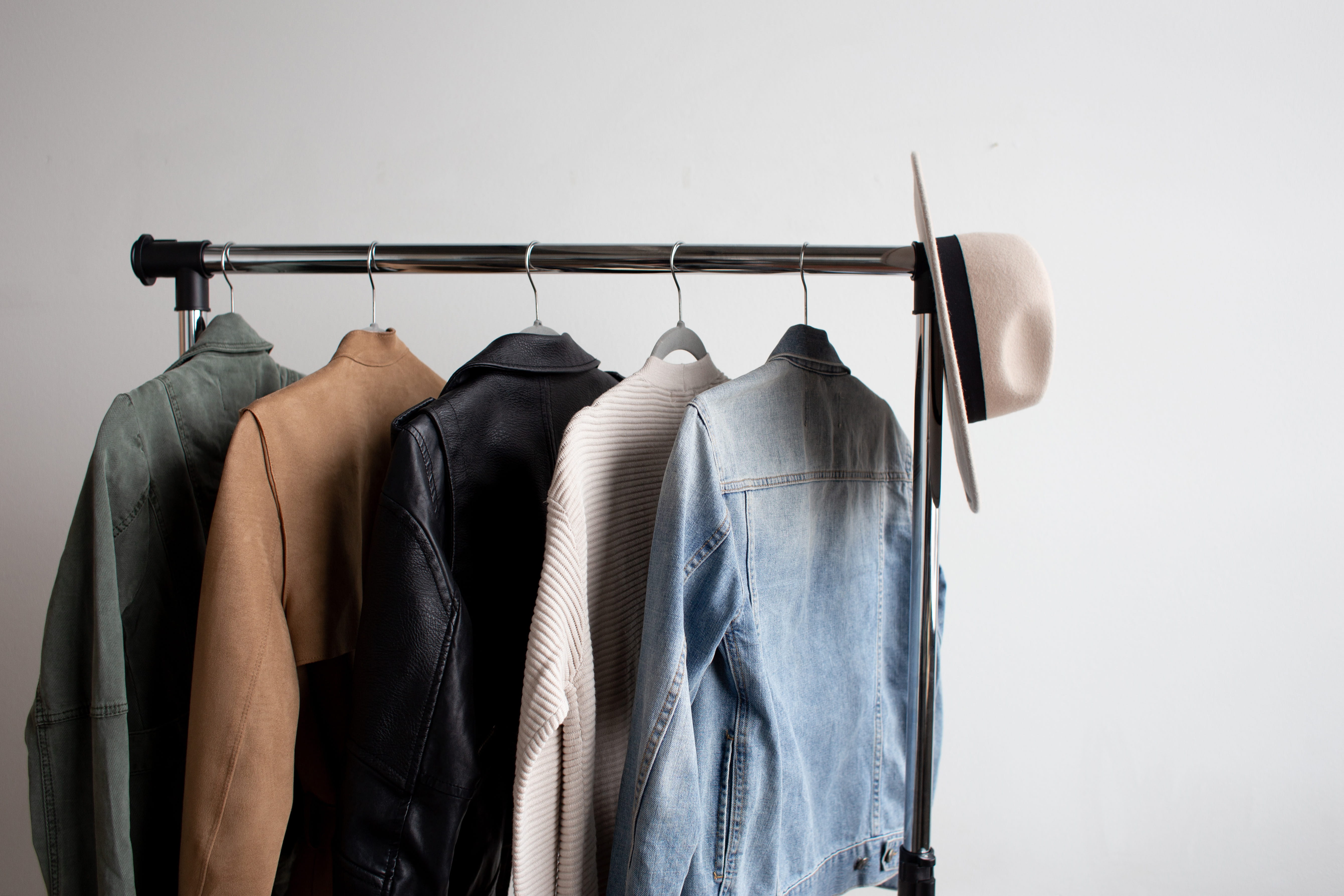 studio shot, fashion, in a row, button down shirt, variation, textile, accessories, one, coat hook, jeans, jacket, cowboy, pants, blazer, furniture, hat, HD Wallpaper