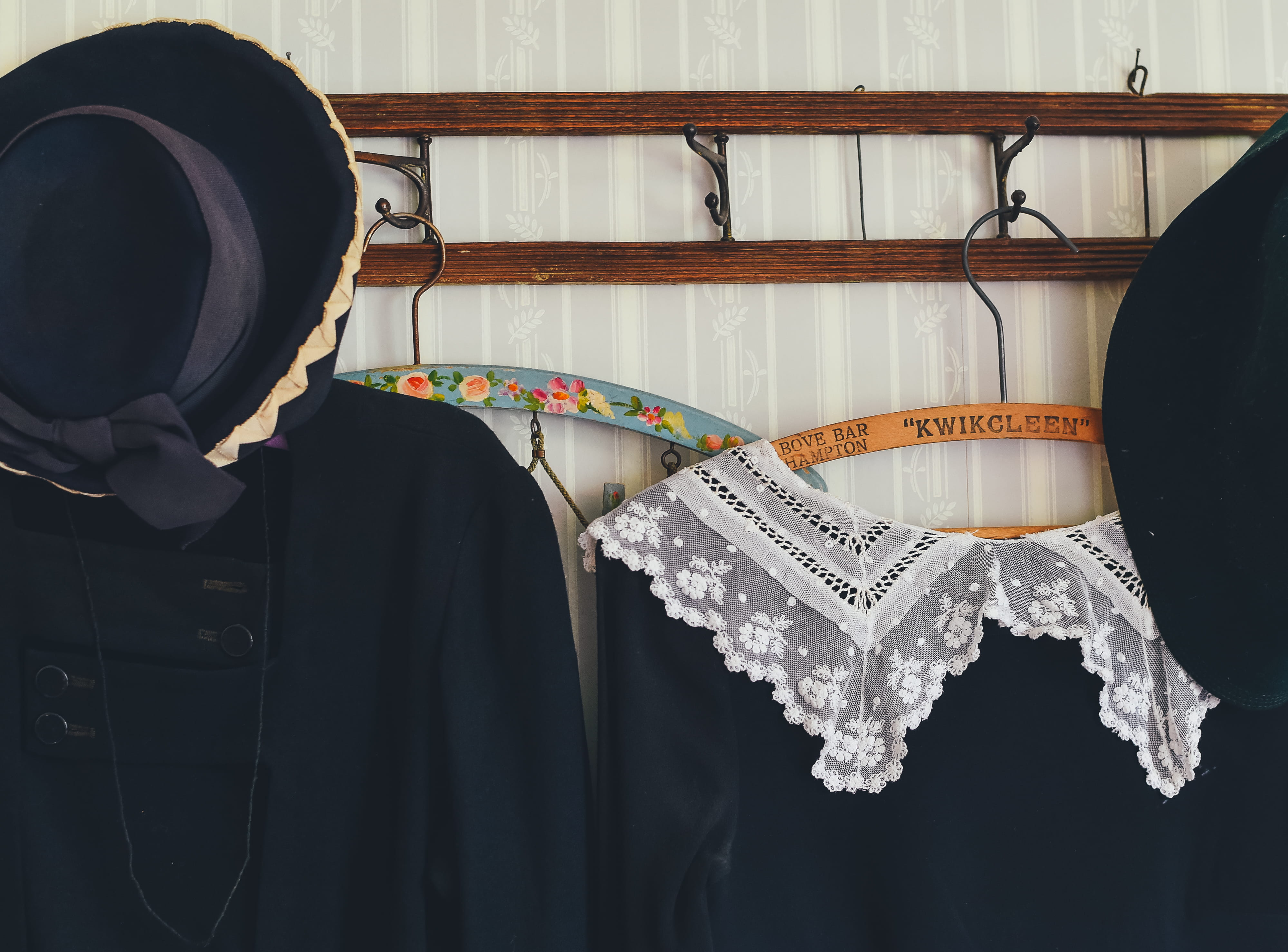 black color, hanging, suit, brim, blue shirts, scoop, store, fedora, clothing, shopping, clothe, metal, day, costume, coathanger, textile, still life, wall, HD Wallpaper