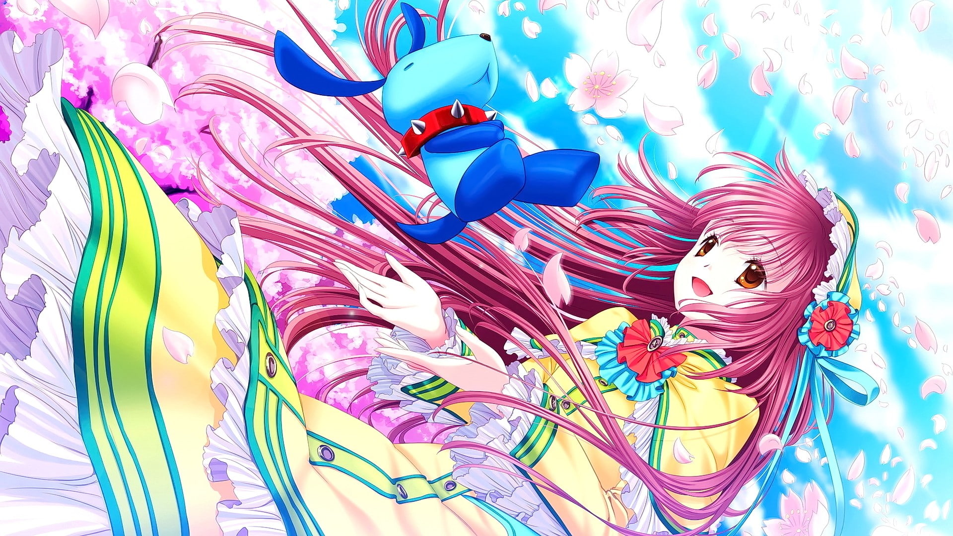 anime girls, multi colored, floral pattern, backgrounds, creativity, representation, variation, high angle view, anime, blue, day, smiling, pink color, HD Wallpaper