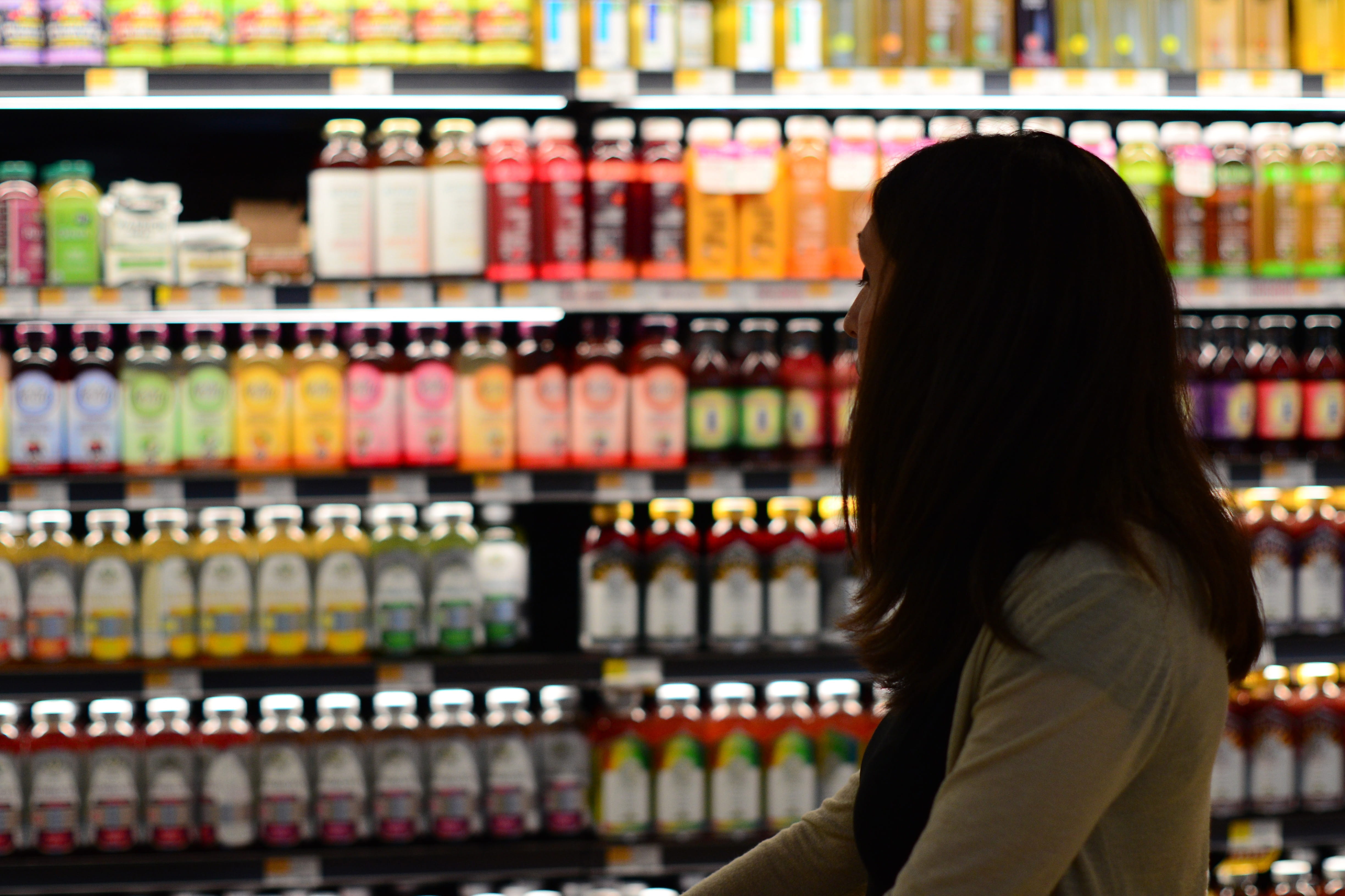 customer, groceries, indoors, shops, shop, container, retail, food and drink, 4K, choosing, people, drink, rear view, grocery, shopping, bottle, one person, HD Wallpaper