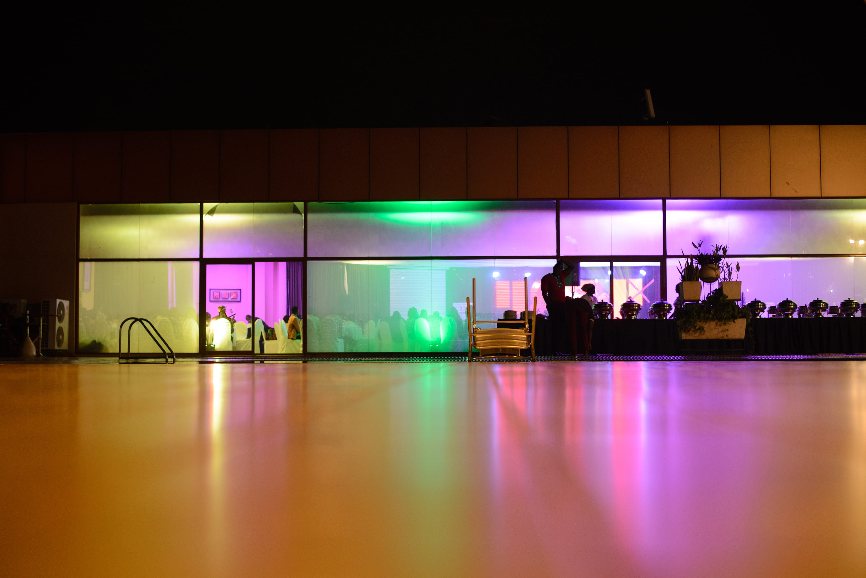 night, room, conference room, built structure, transportation, group of people, people, purple, reflection, exhibition, music, modern, light - natural phenomenon, HD Wallpaper