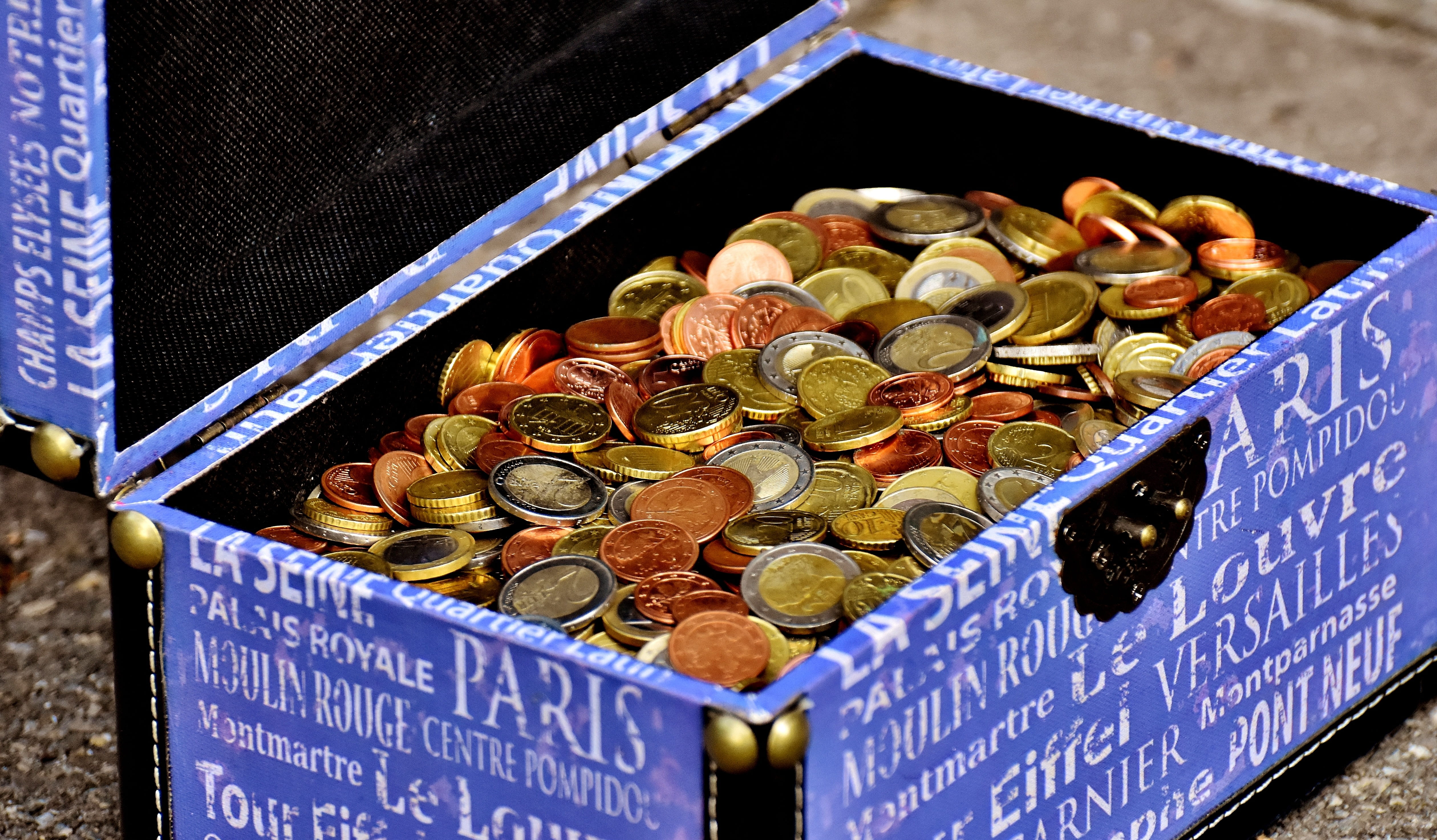 wealth, assorted, collected, treasure, food and drink, finance, coin, large group of objects, high angle view, chest, blue, currency, cash, holidays checkout, HD Wallpaper