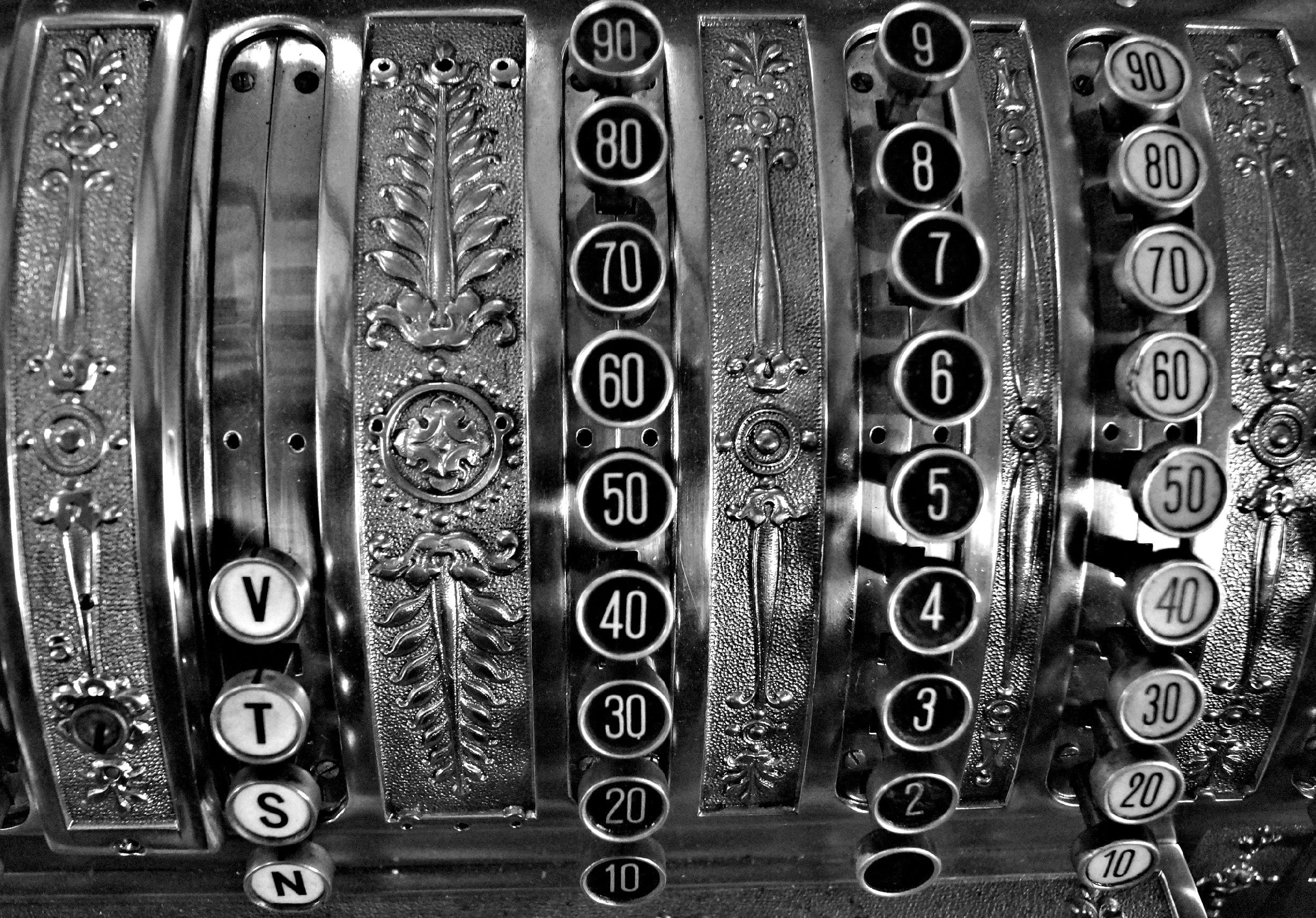 arrangement, keys, black and white, number, retro, antique, plastic, day, still life, in a row, 1080P, full frame, old checkout, technology, industry, HD Wallpaper