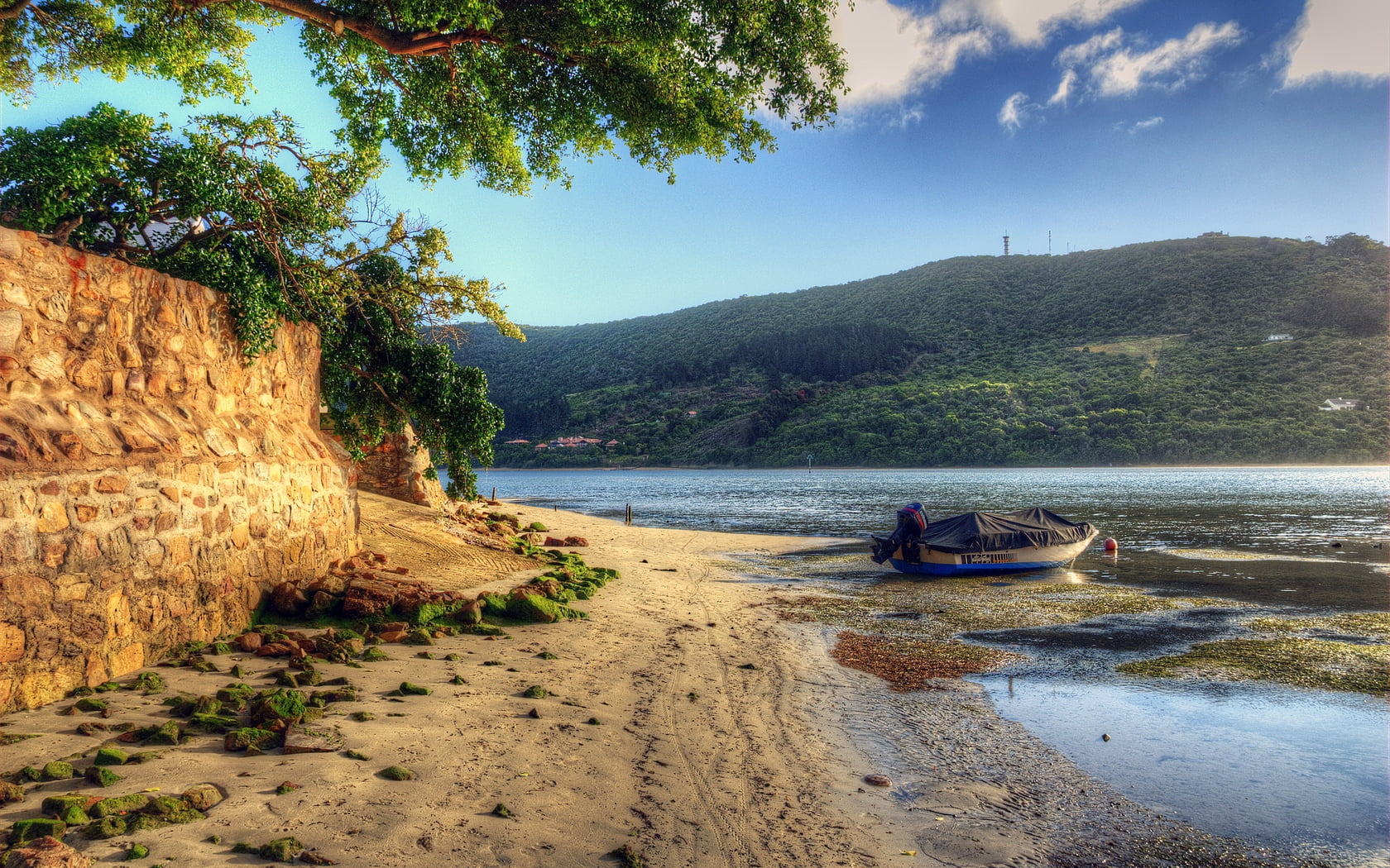 sun, sand, thailand, cultures, boat, awning, tree, 720P, plant, beach, travel, seascape, land, coast, rock - Object, green, nature, tourism, river, lake, HD Wallpaper