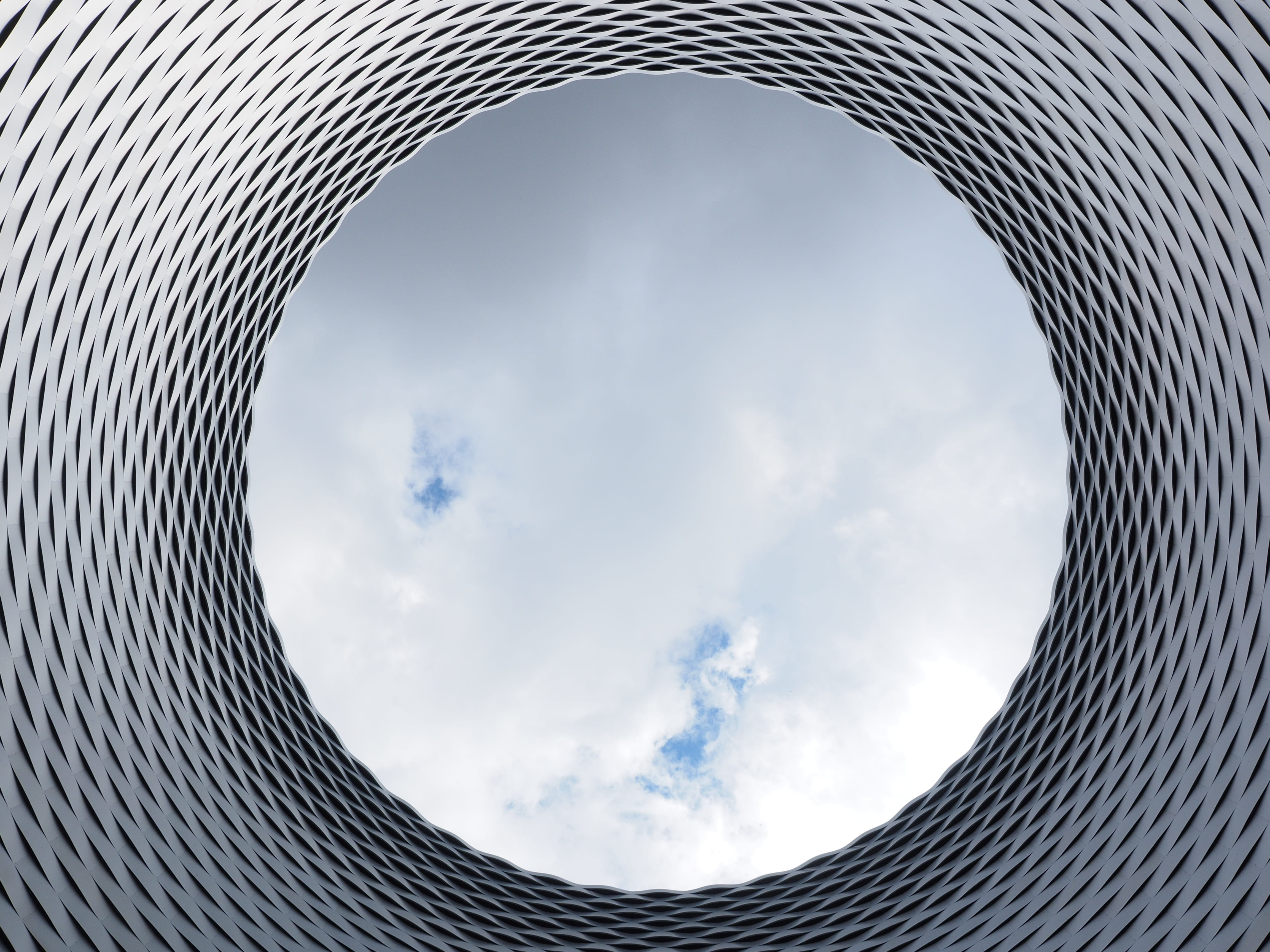 outdoors, built structure, metal tapes, hole, steel mesh, photography, building, directly below, geometric shape, facade, herzog de meuron, fair construction, HD Wallpaper