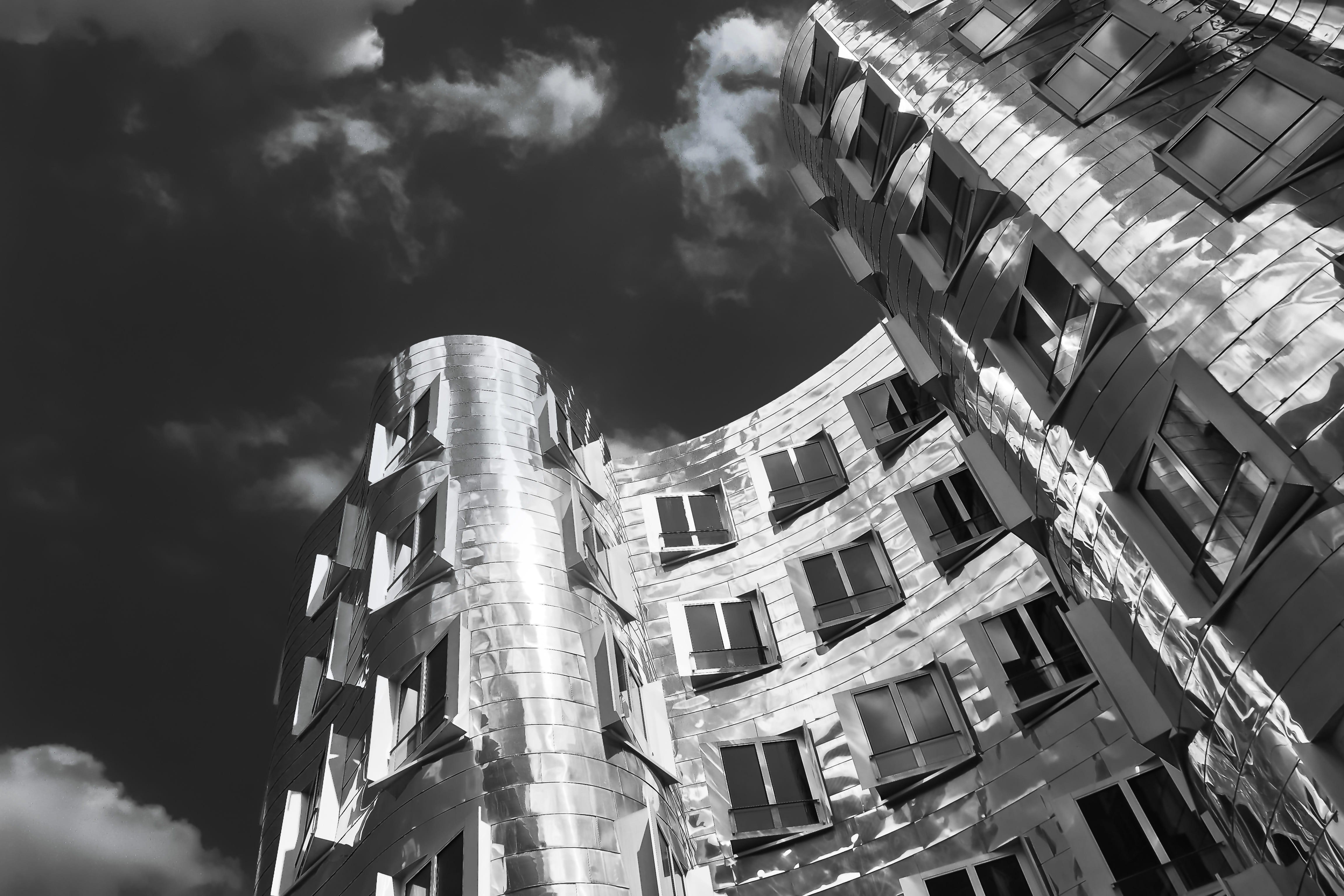residential district, day, modern, landmark, gehry buildings, outdoors, rhine river, 4K, urban landscape, black and white, facade, sunlight, building exterior, HD Wallpaper